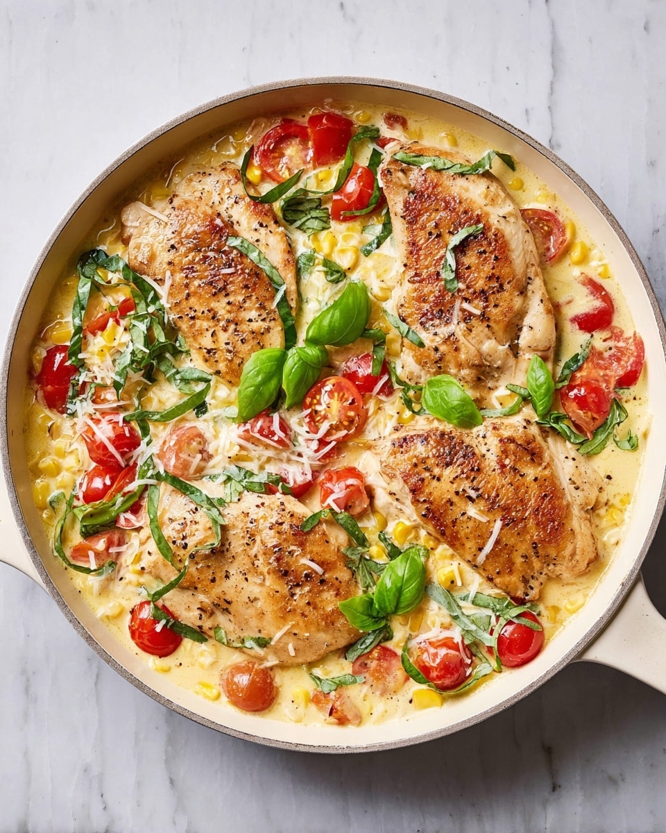 The dish shows four browned chicken breasts placed on top, each with a light toasted color and specks of black pepper on them, arranged in a white pan. The base layer is creamy with a pale yellow color, filled with pieces of yellow corn and halved red cherry tomatoes scattered throughout. Fresh green basil leaves and thinly sliced basil ribbons are spread across the chicken, adding vibrant green accents. Shredded white cheese is lightly sprinkled over the entire dish, providing a subtle texture contrast. The pan is set on a white marbled surface. Photo taken with an iphone --ar 4:5 --v 7