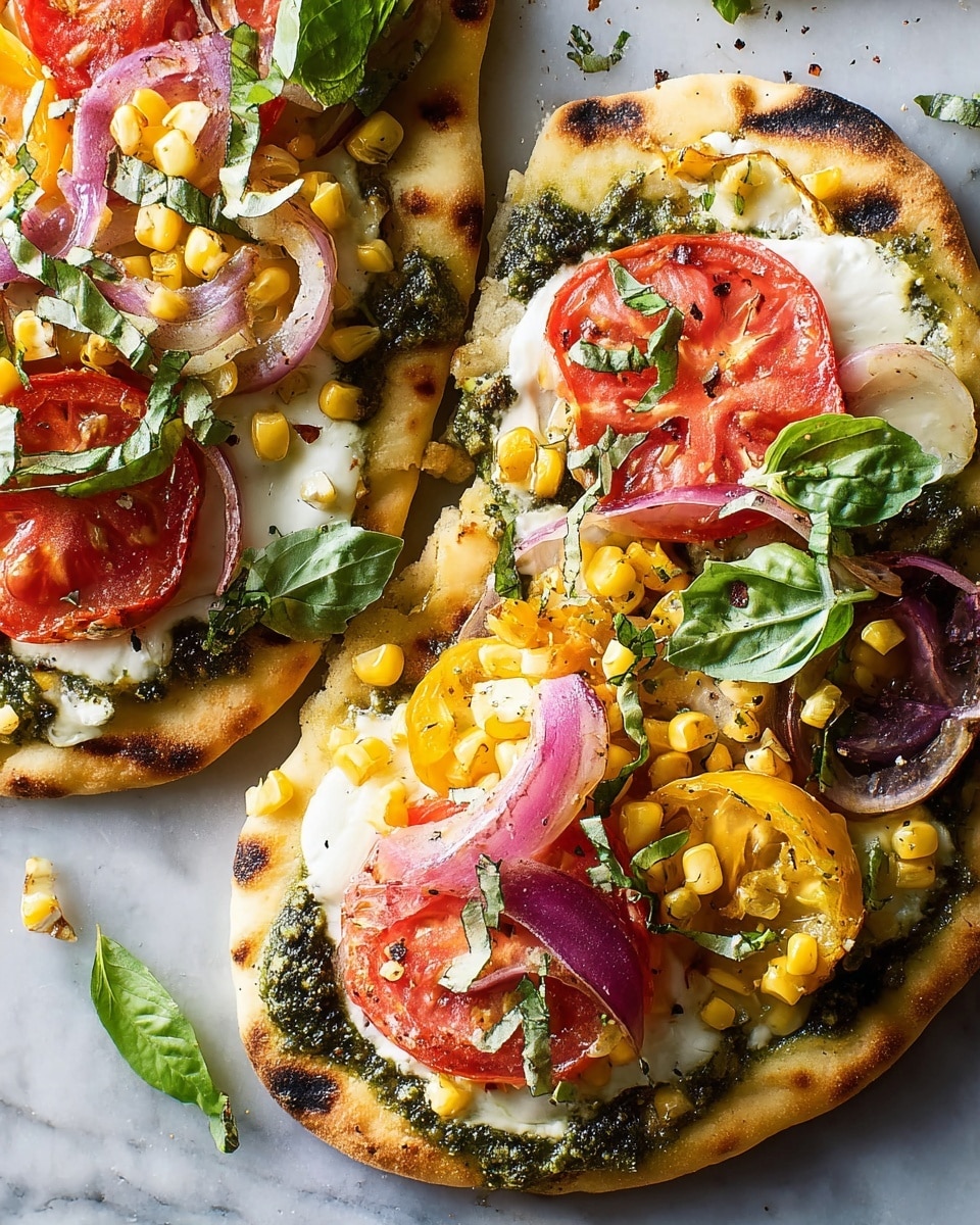 Two flatbreads lie on a white marbled surface, each with a thin, slightly charred golden crust. The bottom layer is a spread of dark green pesto, topped with melted white mozzarella cheese that looks creamy and stringy. Above the cheese are thick slices of red and yellow tomatoes, adding bright color. Scattered roasted yellow corn kernels and thin, curled slices of purple onion bring texture. Fresh green basil leaves are placed unevenly on top, giving a fresh look. The flatbreads have a rustic, homemade appearance with a few loose ingredients sprinkled around. Photo taken with an iphone --ar 4:5 --v 7