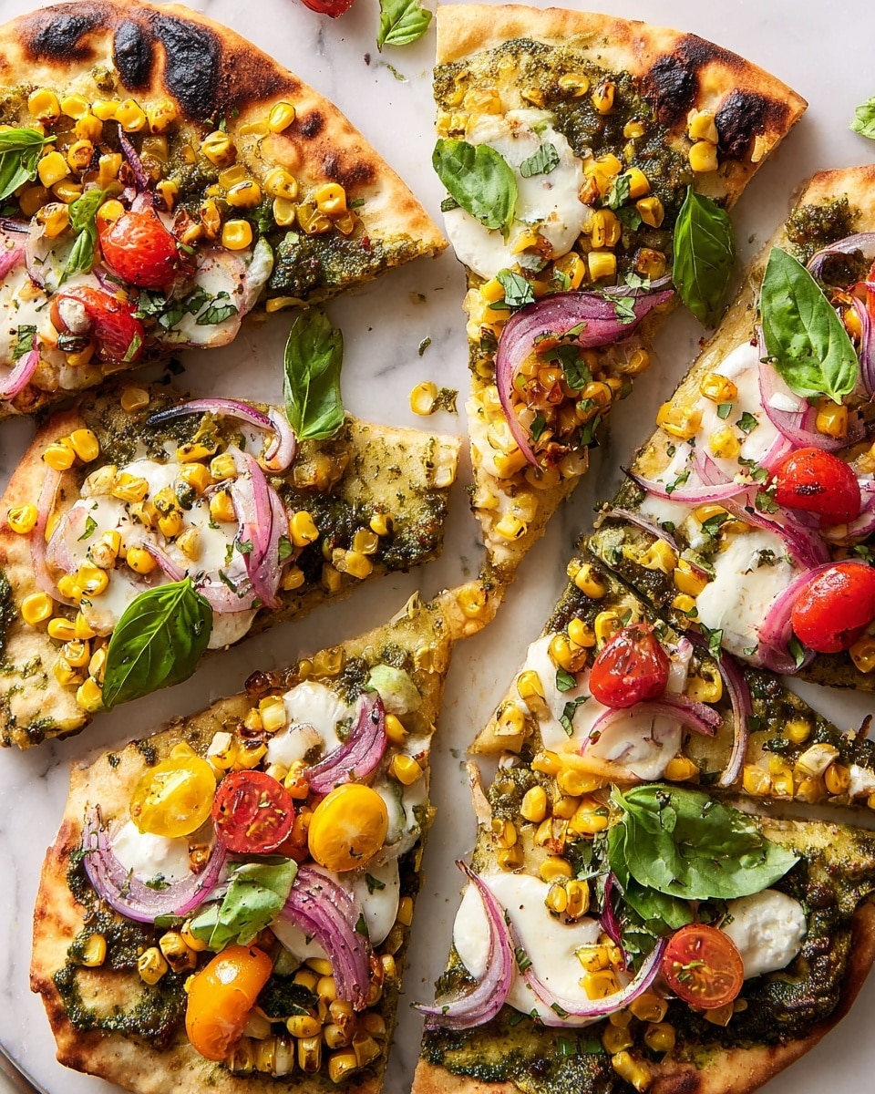 The image shows several slices of thin flatbread pizza spread out on a white marbled surface. Each slice has a light golden-brown crust base with some charred spots. The first layer is a green pesto spread visible under the toppings. On top, there are melted white cheese patches scattered unevenly. Bright yellow grilled corn kernels are sprinkled all over the slices. Thin, curved slices of red onion and red and yellow cherry tomato halves add pops of color. Fresh green basil leaves are placed on top of each slice as the final layer, contributing a fresh look. photo taken with an iphone --ar 4:5 --v 7