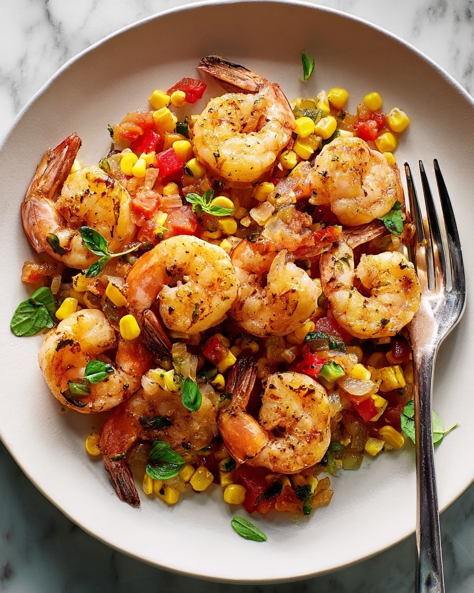 The dish is served in a white plate and features a colorful mix of grilled shrimp and vegetables. There are about eight medium-sized shrimp, which are golden brown with light char marks and placed mostly in the center and spread evenly across the plate. Mixed around and under the shrimp are small yellow corn kernels, bright red diced bell peppers, and bits of translucent cooked onion. Small green herb leaves are scattered on top for garnish. A fork rests on the right side of the plate, partially under some of the vegetables. The surface under the plate has a white marbled texture. photo taken with an iphone --ar 4:5 --v 7