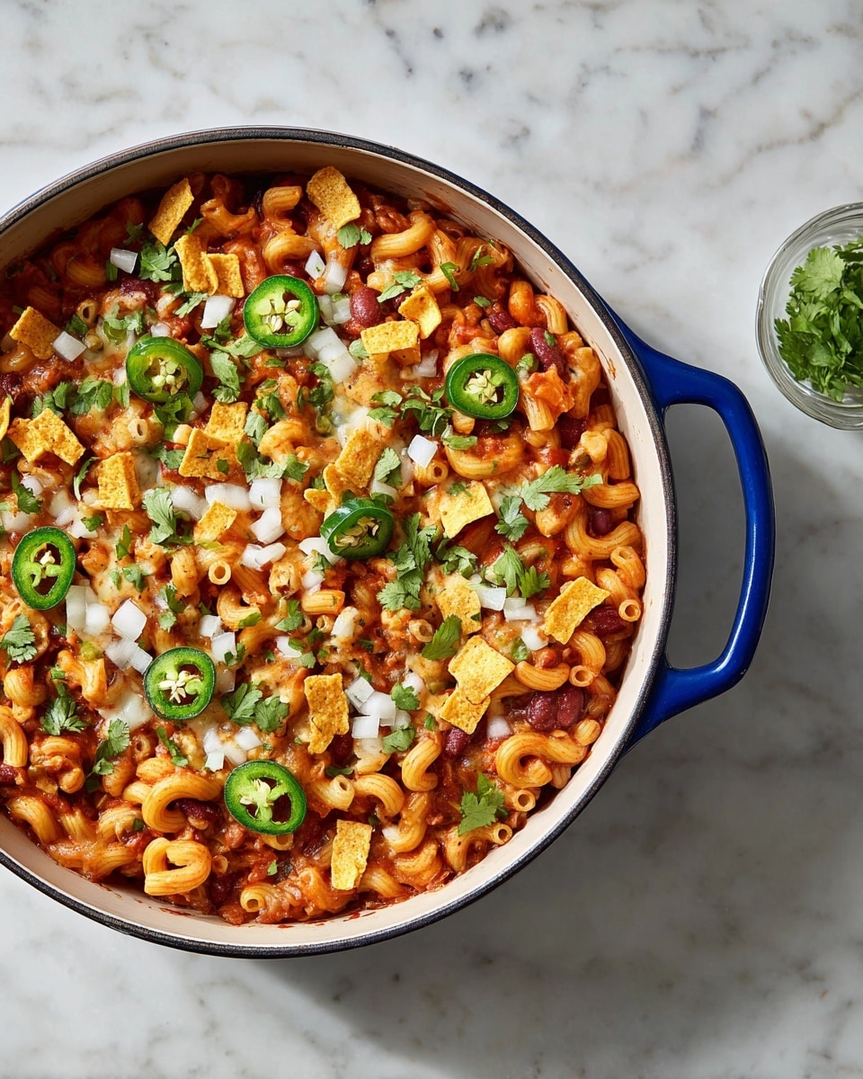 The dish is served in a round white pot with blue handles, placed on a white marbled surface. It has one main layer of elbow macaroni pasta covered in a reddish sauce mixed with beans and small pieces of tomato, giving it a chunky texture. On top, there are scattered green jalapeño slices, small white onion cubes, chopped cilantro leaves, and broken yellow corn chip pieces that add crunch and color contrast throughout. Small spots of white melted cheese dots are spread unevenly across the top, adding creamy textures to the warm, saucy pasta. Photo taken with an iphone --ar 4:5 --v 7