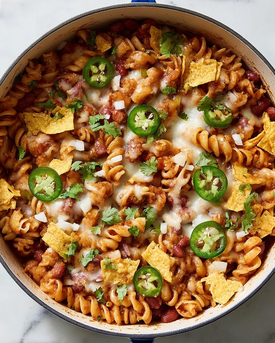 The dish shows a close-up of cooked spiral pasta mixed with red beans and small tomato pieces. It has a layer of melted white cheese mixed throughout, with scattered chopped white onion pieces and fresh green cilantro leaves on top. Thin, round slices of bright green jalapeño peppers with visible seeds are placed evenly around the pasta. Crushed yellow tortilla chips are sprinkled over the whole dish. All of this is served inside a white pot, set against a white marbled surface. photo taken with an iphone --ar 4:5 --v 7
