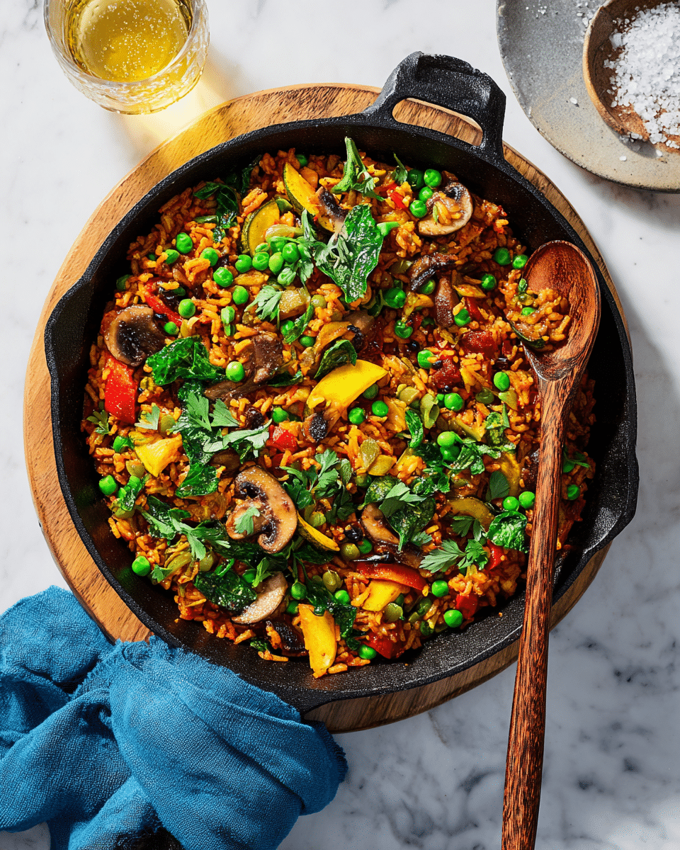 A black cast iron pan filled with a colorful vegetable rice dish sits on a wooden board over a white marbled surface. The dish features a base layer of orange-red cooked rice mixed with bright green peas, yellow squash slices, white onion pieces, red bell pepper chunks, dark brown mushroom slices, and dark green spinach leaves scattered on top. Fresh green parsley leaves are sprinkled across the dish, adding a fresh green contrast. A wooden spoon with a rich brown color rests inside the pan, partially submerged in the rice. A blue cloth napkin is placed under the pan's handle, and coarse salt flakes are visible around the board. photo taken with an iphone --ar 4:5 --v 7