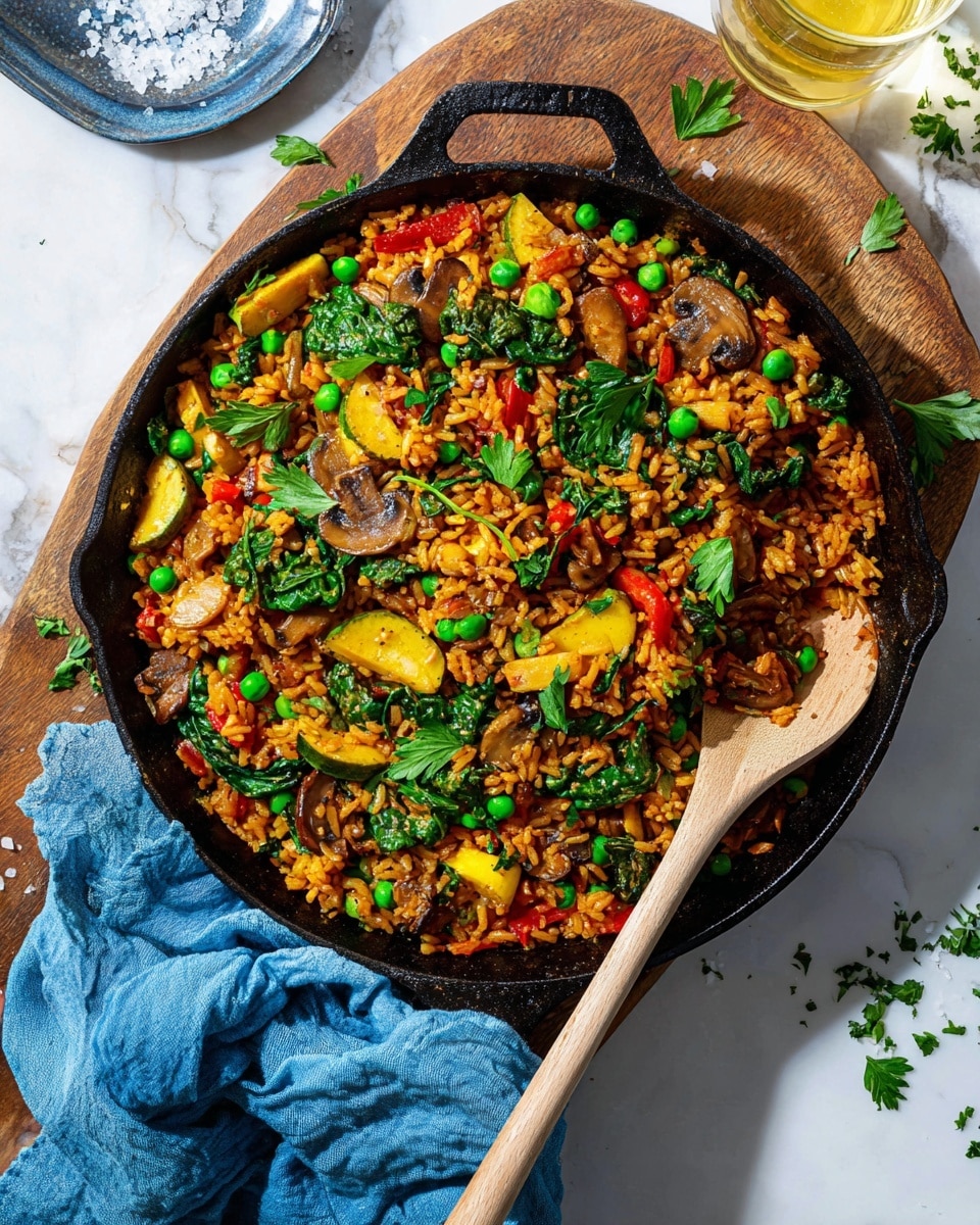 A close-up view of a black cast iron pan filled with a colorful vegetable rice dish, resting on a wooden board placed over a white marbled surface. The dish has a mix of warm orange-brown cooked rice as the base, with bright layers of green peas and spinach leaves, yellow squash slices, chopped red bell peppers, white onion pieces, and mushrooms evenly mixed throughout. Fresh green parsley leaves are scattered on top, adding vibrant detail. A wooden spoon is partially dipped into the pan, and a blue fabric napkin is casually placed under the pan’s handle. Coarse salt crystals and a few parsley sprigs are scattered on the white marbled surface nearby. Photo taken with an iphone --ar 4:5 --v 7