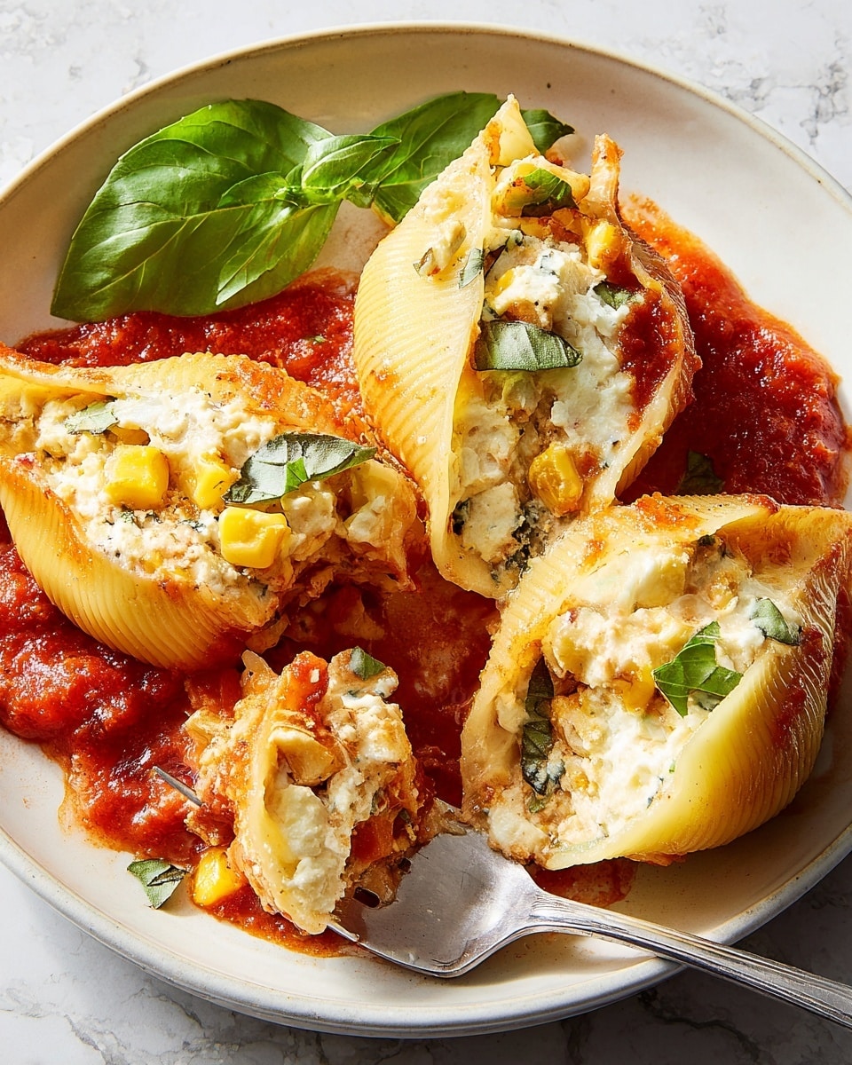 The image shows three large pasta shells on a white plate, each shell filled with a creamy white cheese mixture that has small pieces of cooked vegetables like corn and green pepper. The pasta shells are sitting on a thick, rich red tomato sauce that partially covers the bottom of the plate. The top of the cheese filling is slightly browned with a baked texture, and a fresh green basil leaf decorates the plate beside the shells. A silver fork rests on the plate, holding a bite-sized piece of stuffed pasta mixed with sauce. The background has a white marbled texture. Photo taken with an iphone --ar 4:5 --v 7
