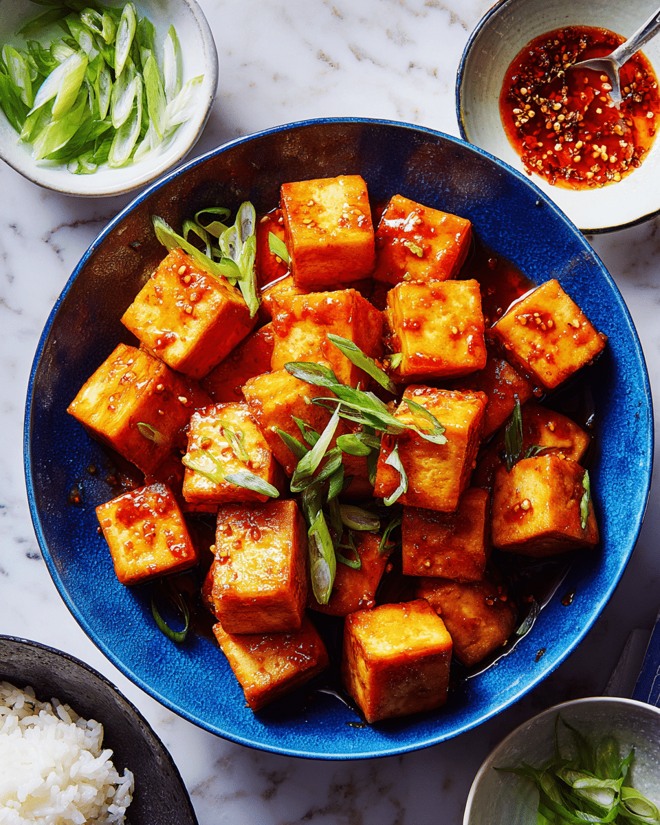 A deep blue bowl filled with about thirty cubed pieces of golden-brown tofu, each piece covered in a shiny, reddish-orange sauce. The tofu cubes are slightly crisp on the edges and scattered with bright green sliced scallions on top, adding a fresh contrast. Around the bowl, there are small white dishes holding more scallions and a reddish sauce, placed on a white marbled surface. In the corner, a black bowl with white rice is partially visible. photo taken with an iphone --ar 4:5 --v 7