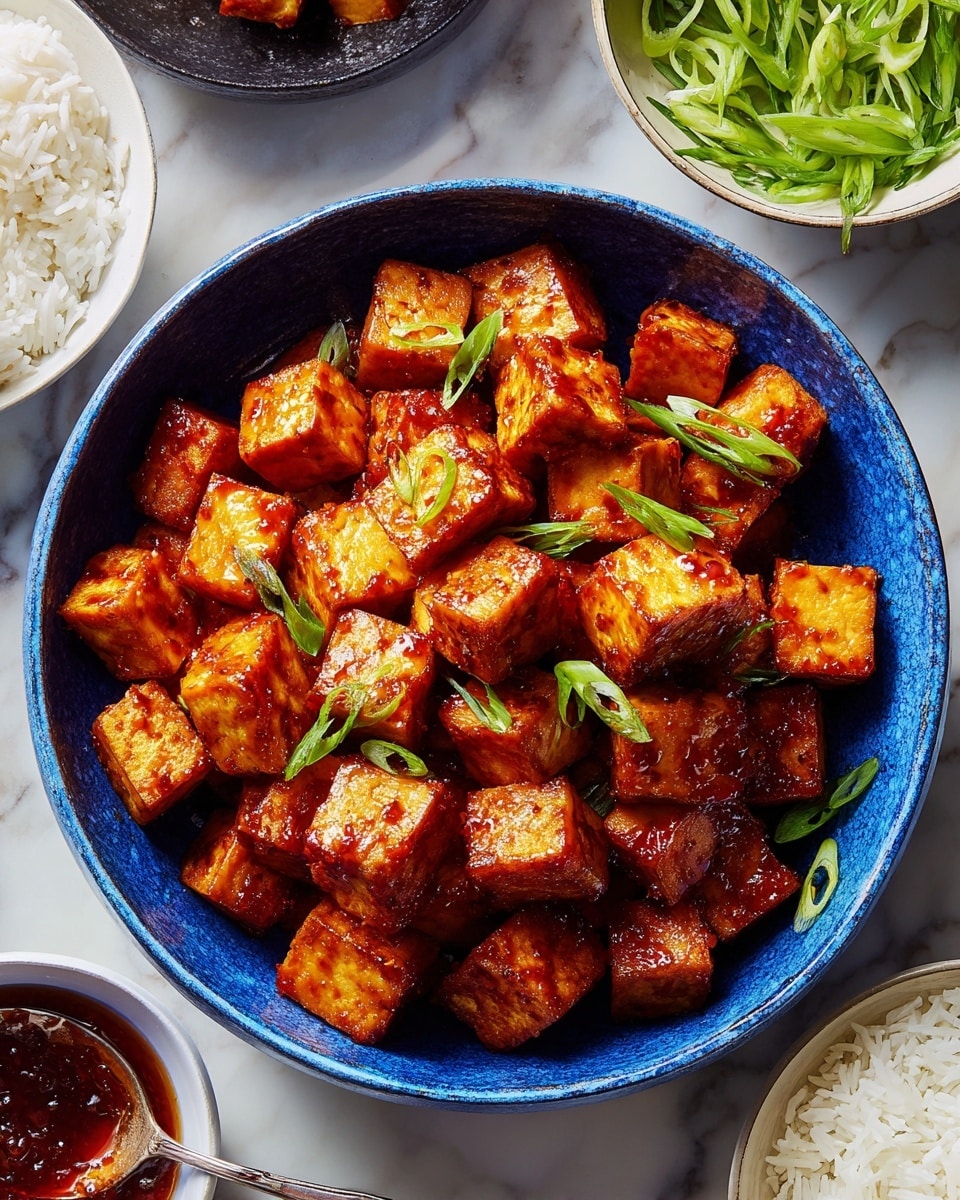 The image shows a blue bowl filled with many small, golden-brown tofu cubes that look crispy and shiny with an orange-red glaze on them. The cubes are stacked irregularly, creating a textured look with slight browning on some edges. Scattered on top are sliced green onions, adding bright green accents over the tofu. Around the bowl, there is a white bowl of sliced green onions, a dark bowl with white rice, and a small white bowl containing a dark reddish sauce with a silver spoon inside. The whole setup is placed on a white marbled surface. photo taken with an iphone --ar 4:5 --v 7