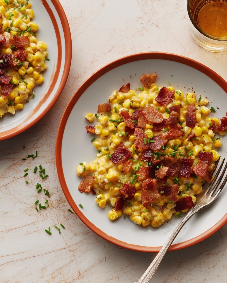 The image shows a close-up of two white plates with orange rims on a white marbled texture. Each plate holds a creamy corn side dish with three visible layers: the base layer of bright yellow corn kernels mixed with small bits of green chives, a middle layer of rich and creamy sauce coating the corn, and a top layer of crispy reddish-brown bacon pieces scattered unevenly. One plate has a silver fork resting on it, the fork’s tines partly inserted into the corn, and there are a few corn kernels and chive bits scattered around both plates, adding a casual, rustic feel. photo taken with an iphone --ar 4:5 --v 7