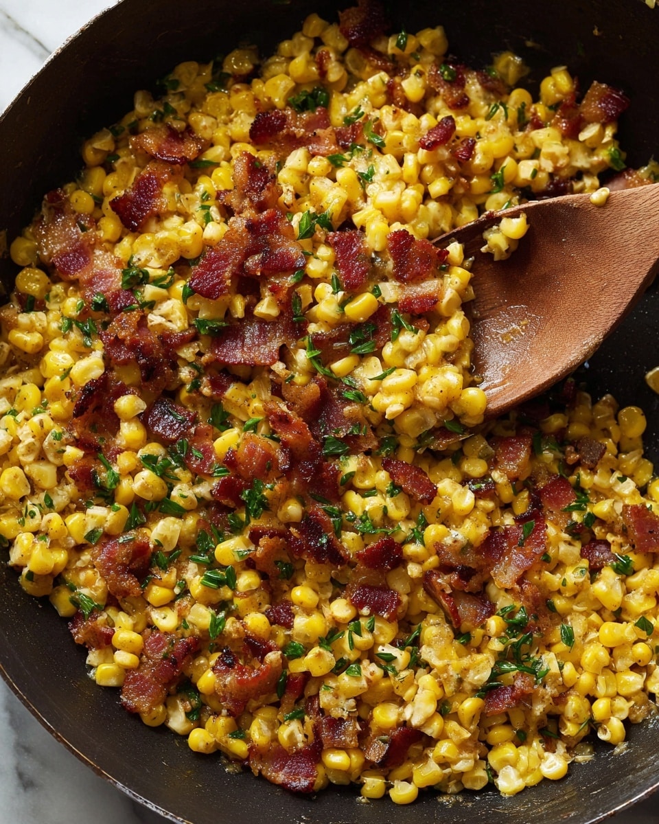 The image shows a close-up of a black skillet filled with cooked corn mixed with crispy bacon pieces and finely chopped green herbs. The corn is bright yellow and looks soft and slightly creamy, while the bacon pieces are dark red-brown and crispy. A wooden spoon rests on top, stirring the mixture, showing the texture of the corn and bacon clearly. The background is a white marbled texture. photo taken with an iphone --ar 4:5 --v 7
