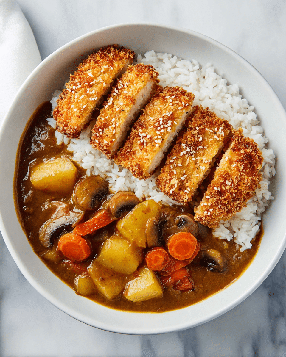 A white bowl filled with three main layers: at the bottom, there is a thick, rich brown curry sauce with visible chunks of orange carrots, yellow potatoes, and brown mushrooms; in the middle, a bed of fluffy white rice is placed next to the curry; on top, there are five evenly spaced slices of golden-brown, crispy breaded tofu sprinkled with sesame seeds. The bowl sits on a white marbled surface. Photo taken with an iphone --ar 4:5 --v 7