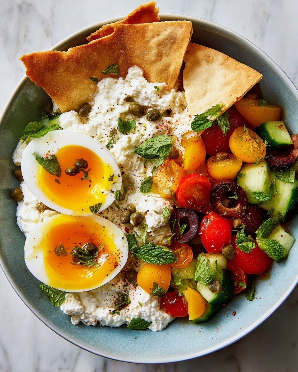In a white bowl on a white marbled texture, the dish shows three main layers: at the bottom, there is a layer of white cottage cheese with a soft, lumpy texture. On the left side, two halves of a boiled egg with a bright yellow yolk and white outside sit on top of the cottage cheese, sprinkled with small green capers and herbs. On the right side, chunks of colorful salad layers with red, yellow, and orange cherry tomatoes along with green cucumber pieces, black olives, and fresh green mint and parsley leaves create a fresh, vibrant contrast. At the front, some crisp, golden-brown pita chips are layered overlapping slightly on the cottage cheese. photo taken with an iphone --ar 4:5 --v 7