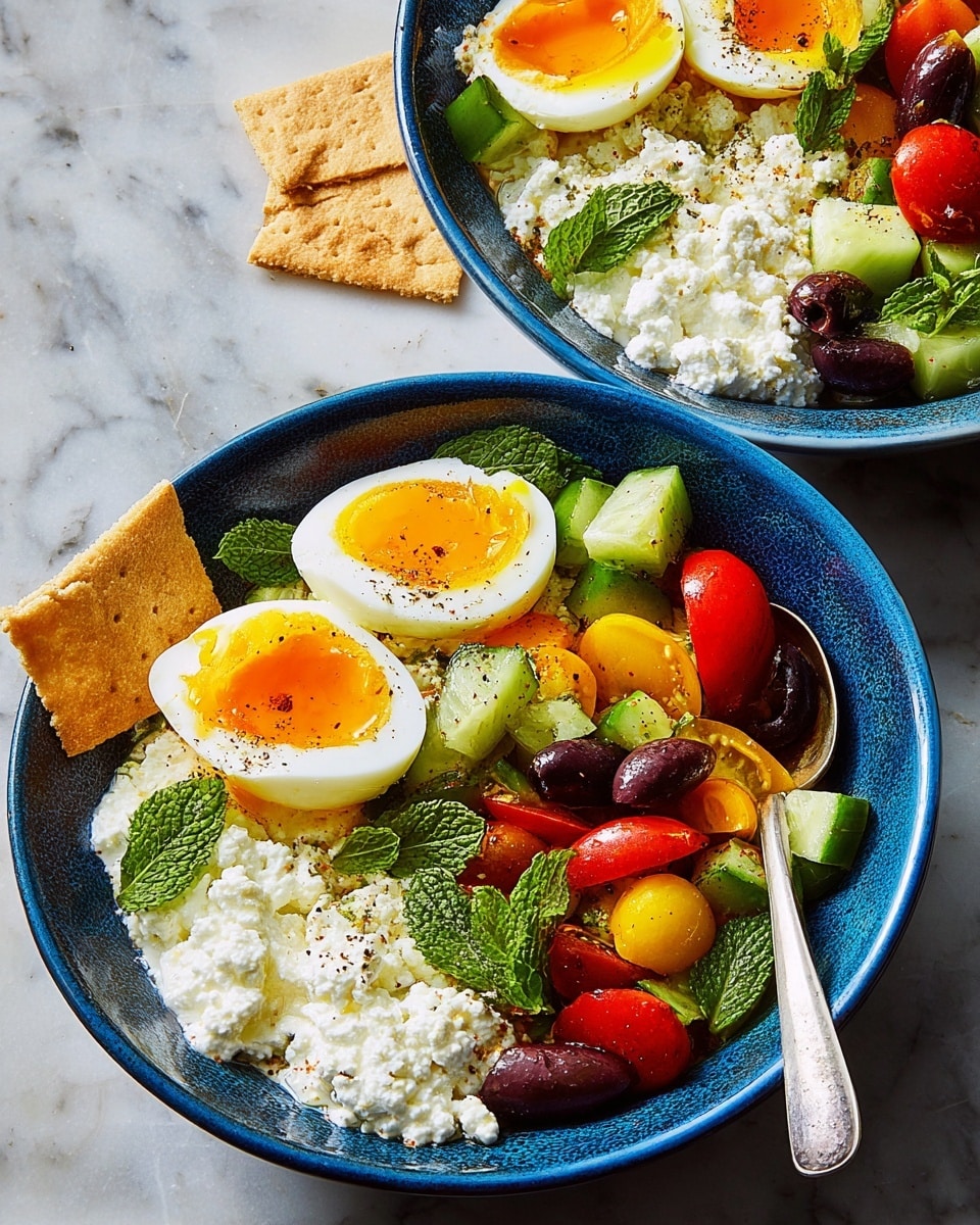 The image shows two deep blue bowls filled with a colorful salad placed on a white marbled texture. Each bowl has three main layers: on one side, a layer of white cottage cheese with a grainy texture; next to it, a bright vegetable mix of green cucumber chunks, red cherry tomato halves, yellow bell pepper pieces, and dark purple olives, all garnished with fresh green mint leaves and sprinkled with coarse black pepper; on the top, two halves of a boiled egg with firm whites and bright orange yolks slightly soft in the center. One of the bowls has two small crispy golden crackers placed on the edge. A silver spoon rests inside the closest bowl, adding a touch of shine. The photo taken with an iphone --ar 4:5 --v 7