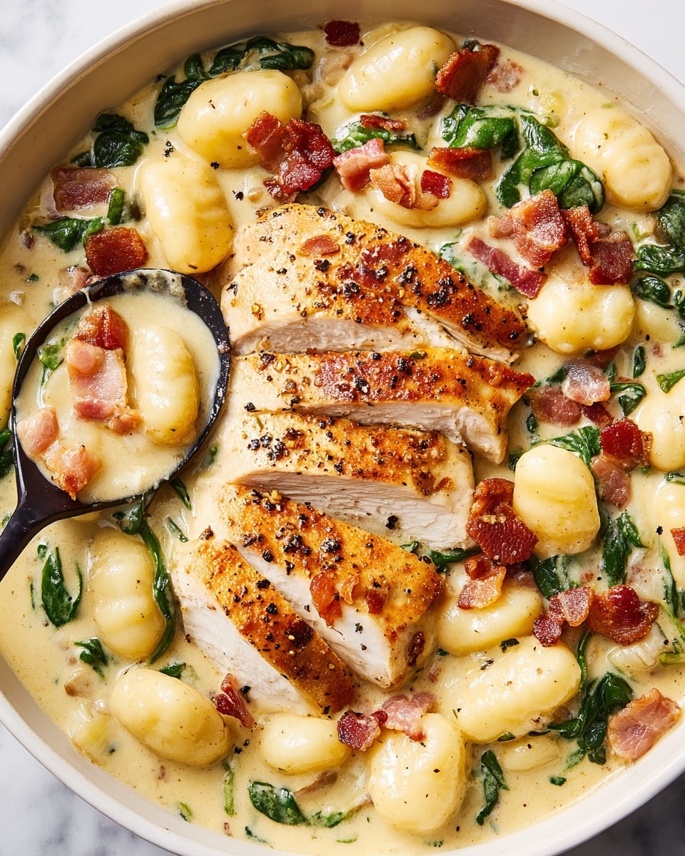 A close-up of a creamy gnocchi dish in a white bowl on a white marbled surface, featuring three thick slices of golden-brown grilled chicken breast with black pepper on the top layer, scattered crispy pieces of reddish-brown bacon, and soft yellow gnocchi pieces coated in a smooth light beige creamy sauce mixed with wilted dark green spinach leaves, with a black spoon scooping some of the food. photo taken with an iphone --ar 4:5 --v 7