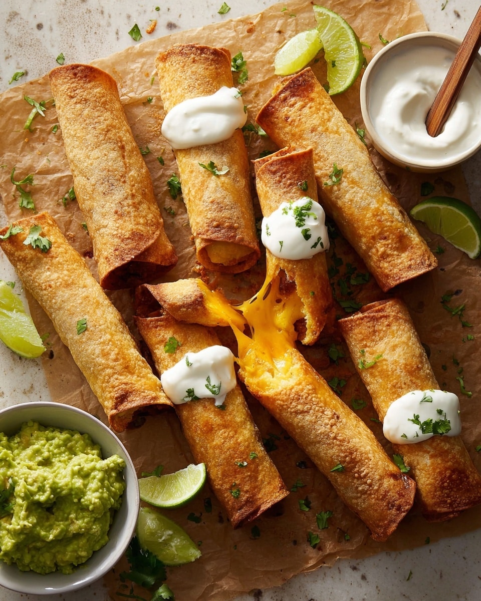 A group of seven crispy, golden-brown taquitos laid out on brown parchment paper over a white marbled surface, some topped with dollops of white creamy sauce with green herbs; one taquito is broken open, showing melted bright orange cheese stretching out. Around the taquitos are bright green lime wedges and small green cilantro leaves scattered for garnish. At the bottom left, a white bowl filled with chunky green guacamole and at the top right, a white bowl filled with smooth white sauce with herbs, a wooden chopstick resting on the edge. The scene is warm and inviting with soft light highlighting the textures and colors. Photo taken with an iphone --ar 4:5 --v 7