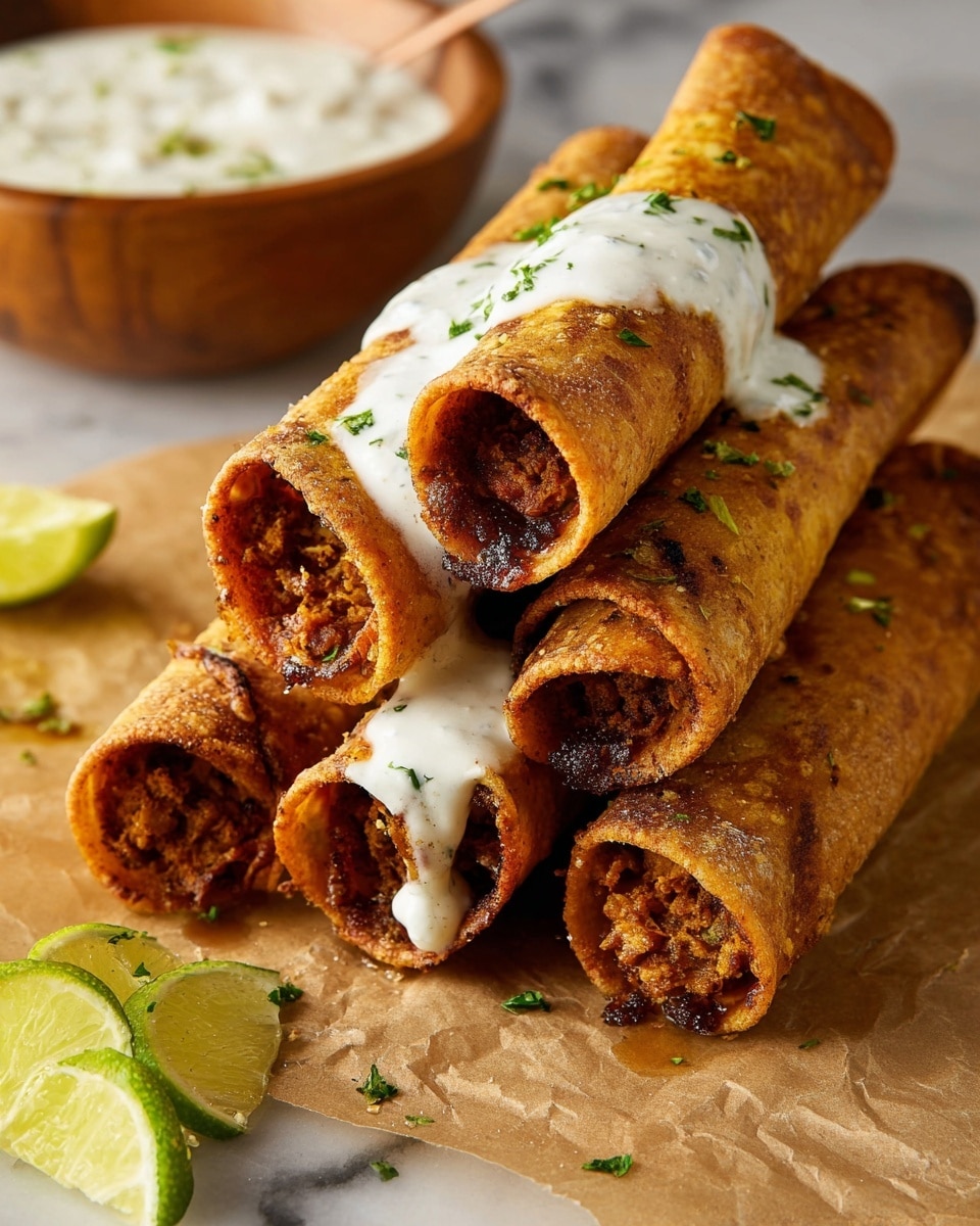 A close-up of six rolled, deep-fried taquitos stacked in a pyramid shape on brown parchment paper atop a white marbled surface. The taquitos have a crispy, golden-brown texture with some charred spots and are filled with a dark, crumbly meat mixture visible at the open ends. A dollop of white creamy sauce with green specks is dripping down from the top taquito near its open edge. Small pieces of green herbs are sprinkled over and around the taquitos. In the bottom left corner, two lime wedges with a fresh green color are placed. A blurred wooden bowl filled with white creamy sauce with green herbs is seen in the background. Photo taken with an iphone --ar 4:5 --v 7