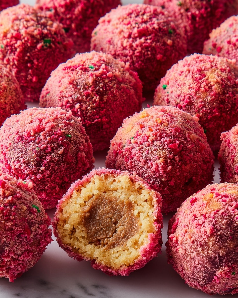 A close-up view of many round, crumb-coated balls arranged closely together on a white marbled surface, each ball covered in a rough pink crumb layer with visible small bits of green and red. One ball in the front is cut open, showing an inner two-layer structure: a light yellow dough outer layer and a dense, slightly crumbly brown filling inside. The balls have a slightly uneven texture from the crumbs, creating a coarse surface all around. The lighting highlights the vivid colors and textures of the crumb coating and the inside layers. photo taken with an iphone --ar 4:5 --v 7