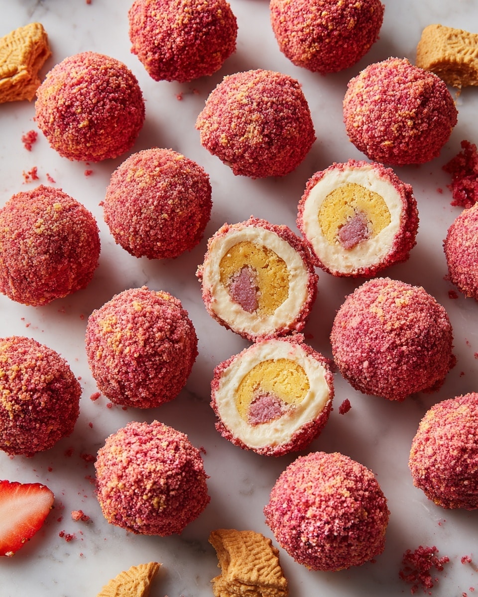 A group of round treats arranged neatly on a white marbled surface, each covered in a rough, bright pink crumb coating. One treat is cut open, showing three layers inside: a light yellow outer layer, a creamy white middle layer, and a pinkish center with a soft texture. Scattered around the treats are bits of dried red strawberries and broken golden sandwich cookies with cream filling. The crumb coating looks crunchy with small uneven pieces covering every treat. photo taken with an iphone --ar 4:5 --v 7