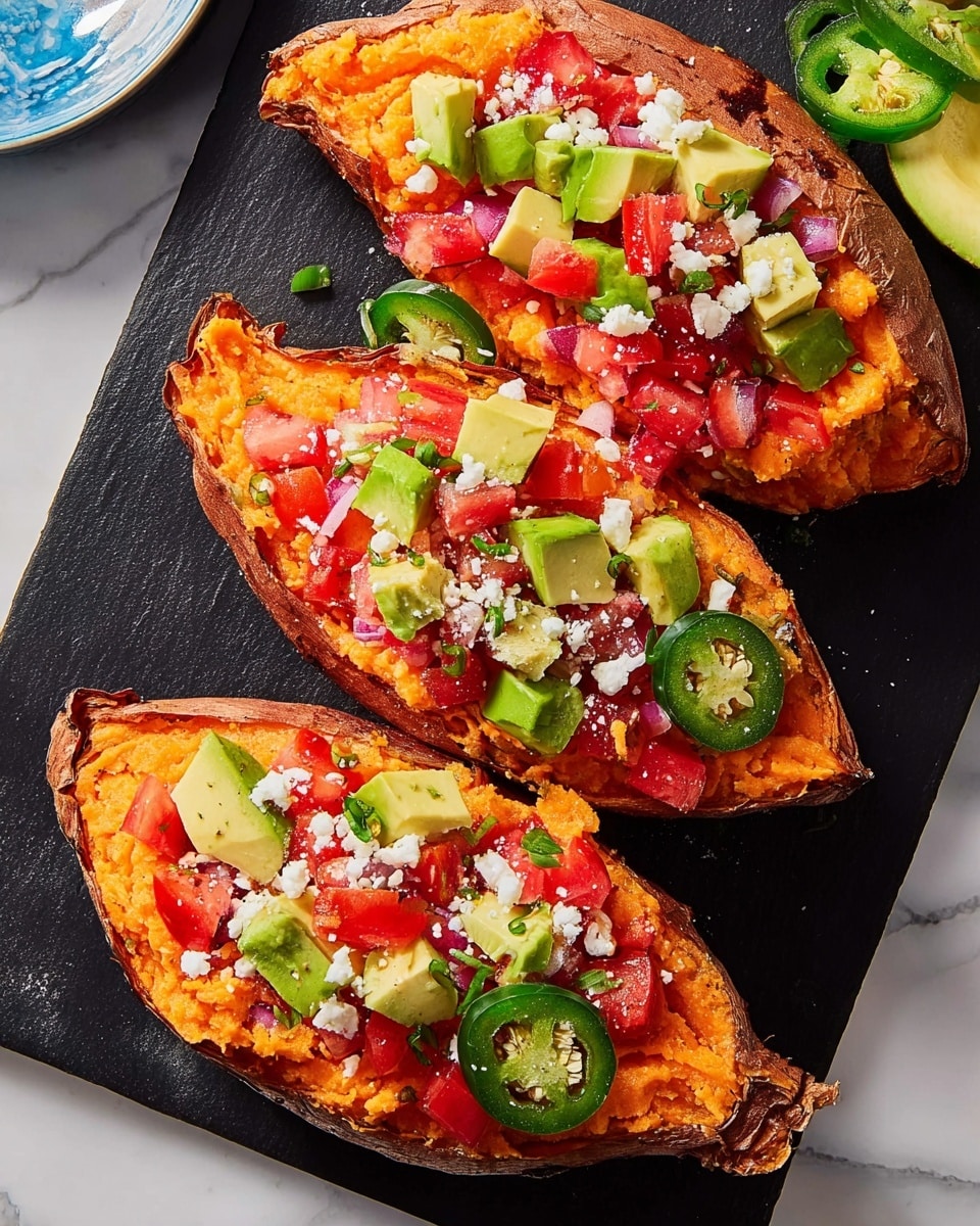 Three roasted sweet potato halves with a slightly wrinkled and crispy brown-orange skin are placed on a dark slate serving board. Each sweet potato half is filled with a first layer of mashed, bright orange sweet potato flesh. On top of the mash, there are layers of diced red tomatoes, small chunks of light green avocado, and thinly sliced green jalapeño rings that show their seeds. The toppings are sprinkled with small white crumbles of cheese and small pieces of onion, creating a fresh and colorful look. The background is a white marbled texture. photo taken with an iphone --ar 4:5 --v 7