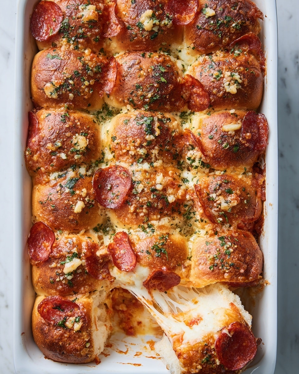 In a white baking dish on a white marbled surface, there are 20 golden brown baked bread rolls arranged in four rows of five, each topped with chopped green herbs and small bits of toasted garlic. One corner shows a piece pulled out, revealing gooey melted cheese oozing between thick layers of pepperoni slices and rich tomato sauce beneath the soft dough. The rolls have a soft and fluffy texture, with a slightly crispy crust on top, and a mix of light golden and darker brown colors from baking. Photo taken with an iphone --ar 4:5 --v 7