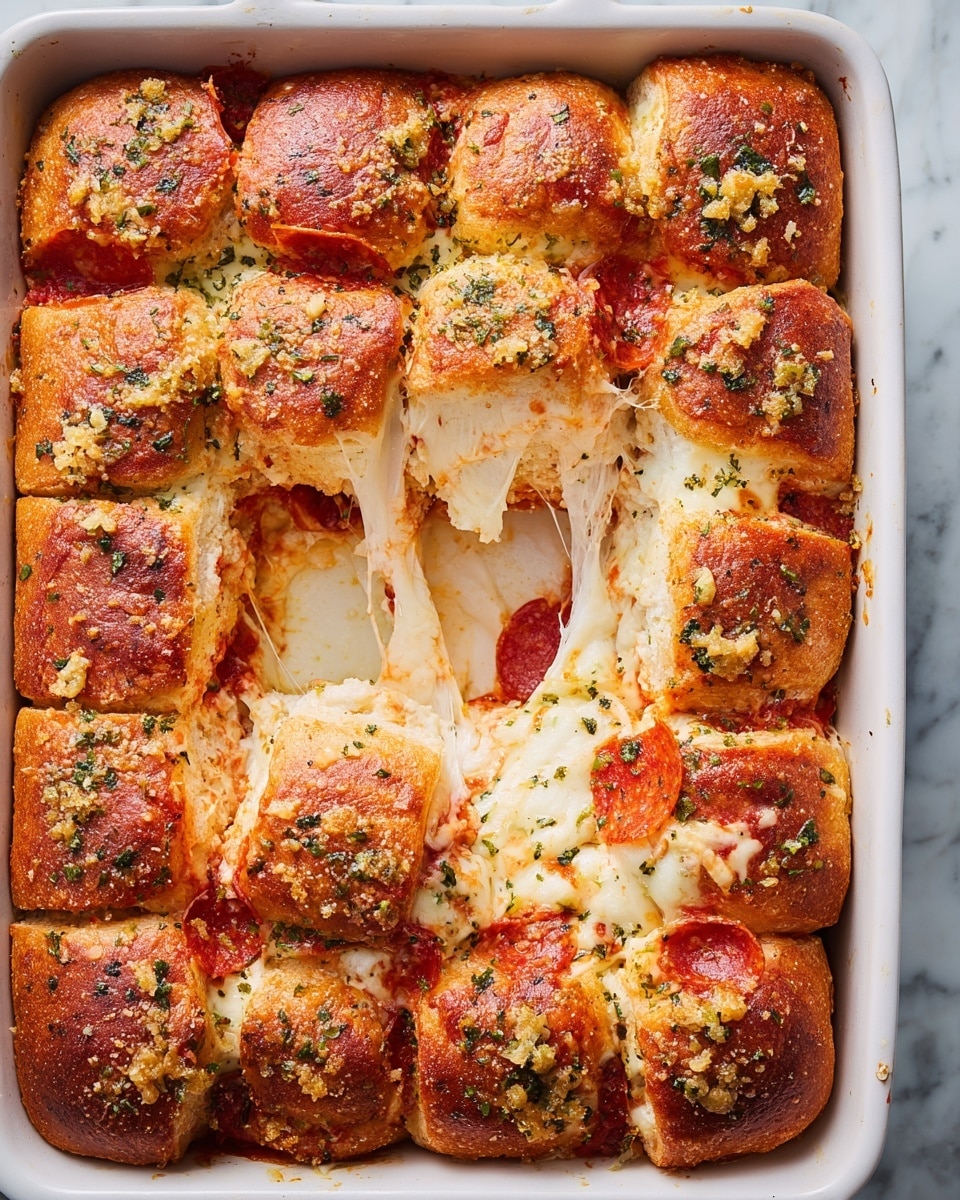 A white rectangular baking dish filled with a pizza pull-apart bread. The dish has two visible layers: a bottom layer of melted, gooey white cheese mixed with bright red tomato sauce and small slices of pepperoni, and a top layer of golden-brown bread rolls arranged in a grid around the edges. Each bread roll is sprinkled with green herbs and bits of toasted garlic. One section of the bread rolls has been pulled apart, stretching the melted cheese and showing the soft texture underneath. The surface beneath the dish is a white marbled texture. Photo taken with an iphone --ar 4:5 --v 7
