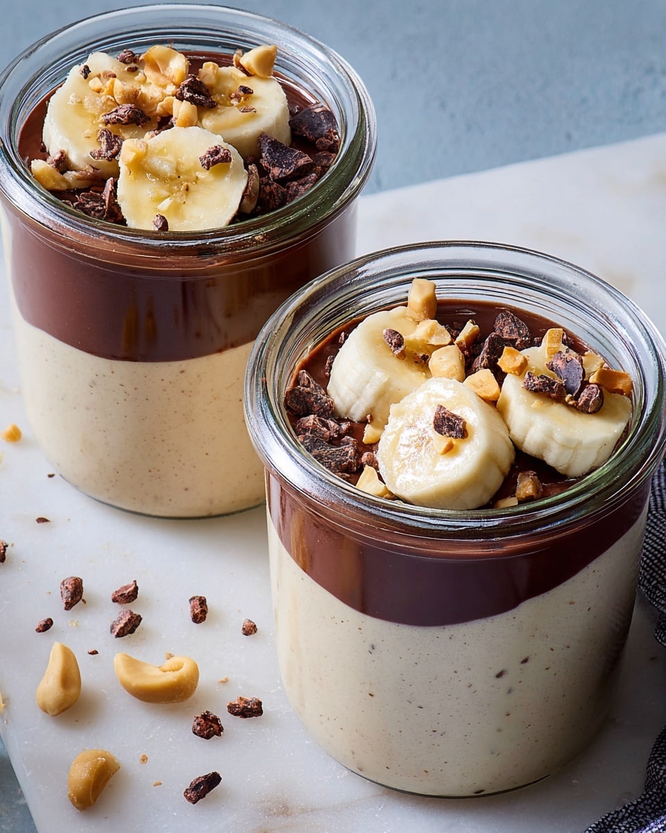Two clear glass jars filled with three visible layers start with a creamy, light beige base layer with a smooth texture. Above that is a thick, dark chocolate layer with a glossy finish. The top is decorated with chopped fresh banana slices, golden brown nuts, and small dark brown cacao nibs scattered around. The jars sit on a white marbled texture surface with a few stray nuts and cacao nibs nearby. Photo taken with an iphone --ar 4:5 --v 7