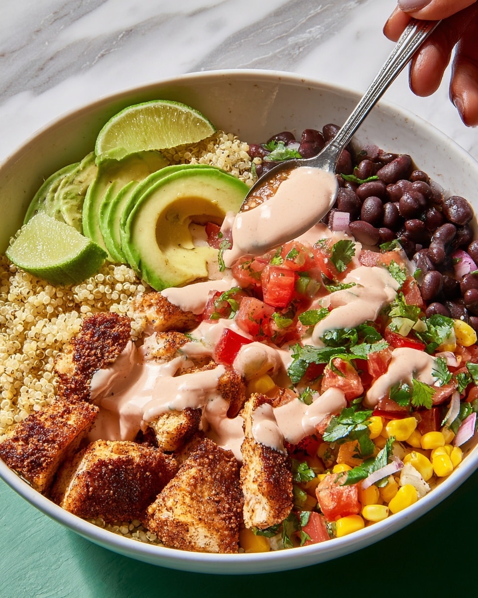 A white bowl filled with layers starting with a bed of light yellow quinoa topped with several pieces of browned, crispy chicken covered in a smooth, light pink sauce. On one side, there are slices of green avocado and a wedge of lime. The opposite side shows a colorful mix of black beans, yellow corn, diced red tomatoes, white onion, and green herbs, all softly drizzled with the same pink sauce. A spoon with a chunk of chicken, pico de gallo, and beans is held above the bowl by a woman's hand. The background has a white marbled texture. photo taken with an iphone --ar 4:5 --v 7