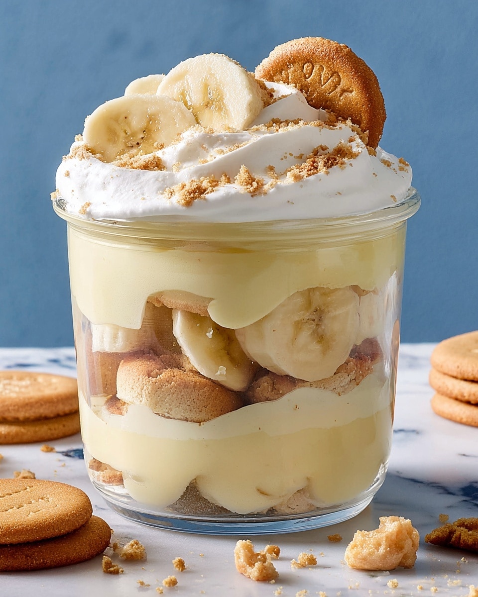 A clear glass cup shows a dessert made of several layers. At the bottom is a creamy light yellow pudding layer, followed by a thick layer of banana slices and broken light brown cookie pieces mixed with more pudding above them. Another thick pudding layer covers some more pieces of broken cookies and banana slices, topped with a smooth white whipped cream layer. On top of the whipped cream, there is a banana slice and a whole round light brown cookie, with small cookie crumbs scattered around. The cup is placed on a white marbled surface with a few more whole cookies and crumbs beside it. The background is a soft blue color. photo taken with an iphone --ar 4:5 --v 7