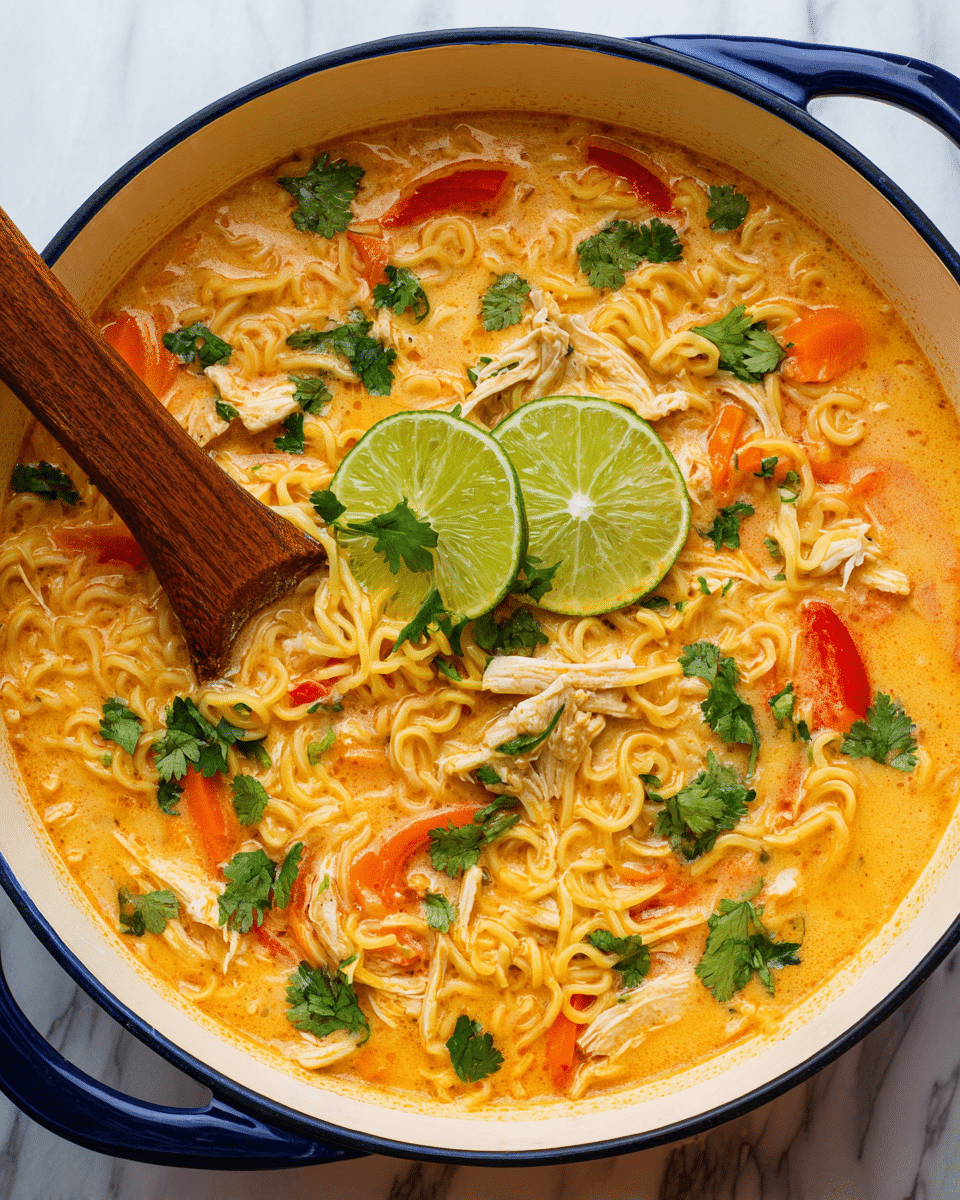 A close-up view of a bowl filled with creamy orange soup containing soft yellow noodles spread all over. The soup has visible chunks of shredded white chicken, bright red bell pepper pieces, and thin orange carrot sticks mixed inside. Fresh green cilantro leaves are scattered on top, along with two bright green lime slices near the center. A pair of wooden chopsticks rest on the left side, partially immersed in the soup. The bowl is white with a thin blue rim, and the background shows a white marbled surface. photo taken with an iphone --ar 4:5 --v 7