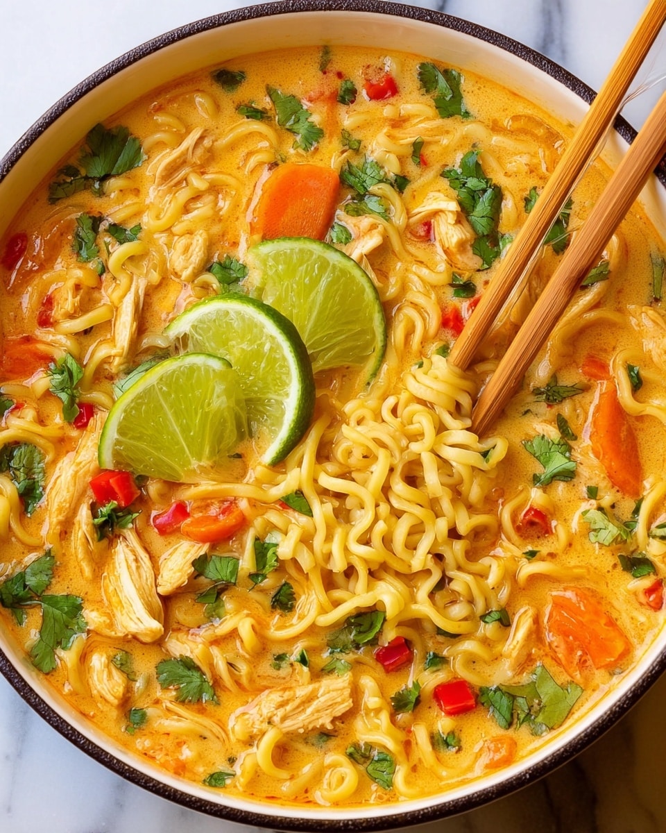A white bowl filled with creamy orange soup containing light yellow noodles twisted throughout. There are thin light beige chicken strips mixed in with bright orange carrot pieces and small red chunks of pepper. Bright green cilantro leaves are scattered on top, along with two lime wedges placed near the center. A pair of light wooden chopsticks hold some noodles on the right side. The bowl sits on a white marbled surface. photo taken with an iphone --ar 4:5 --v 7