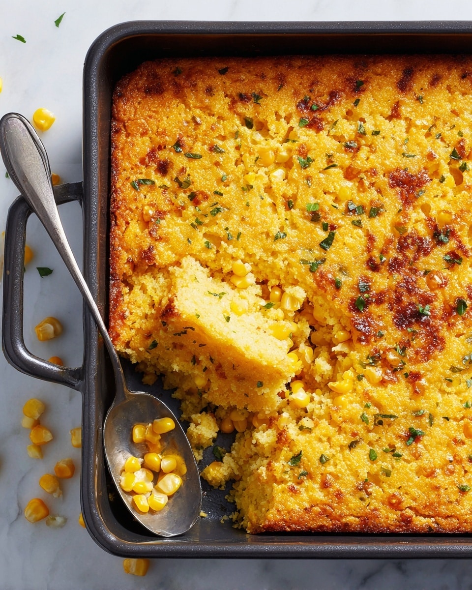 A rectangular black baking pan holds a thick corn casserole with one corner scooped out, showing three layers: a golden, crunchy top with bits of browned cheese and green herbs, a middle layer with yellow corn kernels, and a soft, moist pale yellow base. Some pieces and corn kernels are scattered around the empty corner and on a white marbled surface beneath. A silver spoon rests next to the pan. Photo taken with an iphone --ar 4:5 --v 7