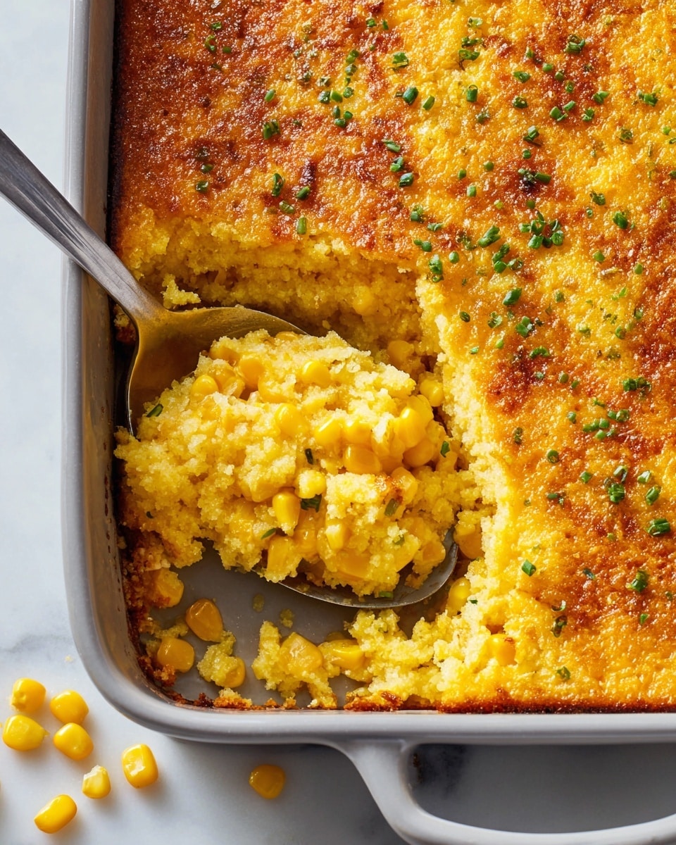 The image shows a baking dish filled with a baked corn casserole that has two visible layers. The top layer is a golden brown crust with small green chive pieces sprinkled over it, showing a crunchy and slightly uneven texture. Beneath the crust is a soft layer of creamy, yellow corn kernels mixed with a moist, light yellow batter. A large spoon is scooping out a portion, revealing the inner mixture, and a few loose corn kernels have spilled onto the white marbled surface around the dish. The dish is set on a clean white marbled background. photo taken with an iphone --ar 4:5 --v 7