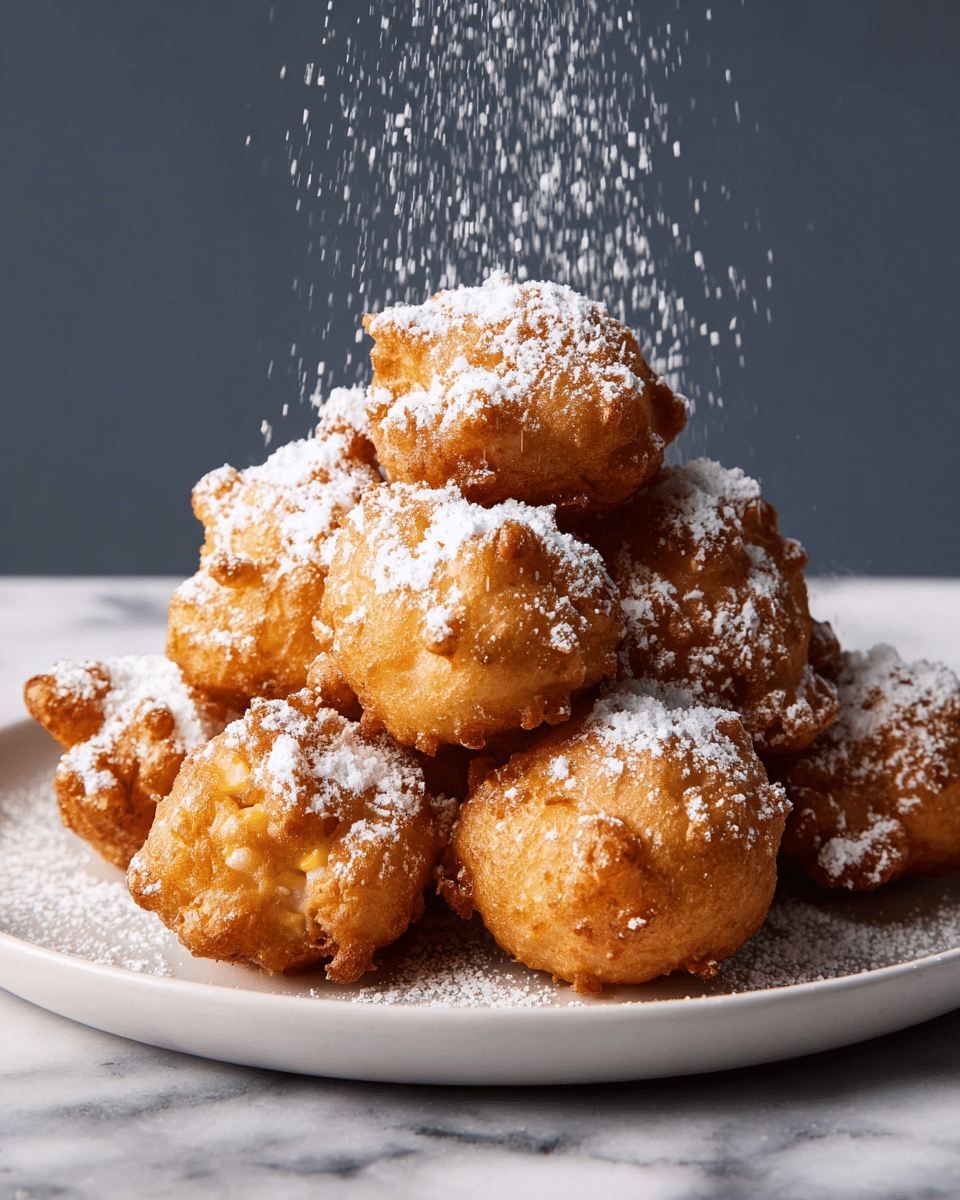 A white plate holds a pile of six golden brown fritters with a rough, uneven texture, showing small crunchy bumps and some visible bits of corn inside. The fritters are stacked in a pyramid shape, with some powdered sugar falling gently onto them, creating a thin white dusting that covers the tops and sides. The plate rests on a white marbled surface, and the background is a smooth, dark gray color, which makes the bright fritters stand out. photo taken with an iphone --ar 4:5 --v 7