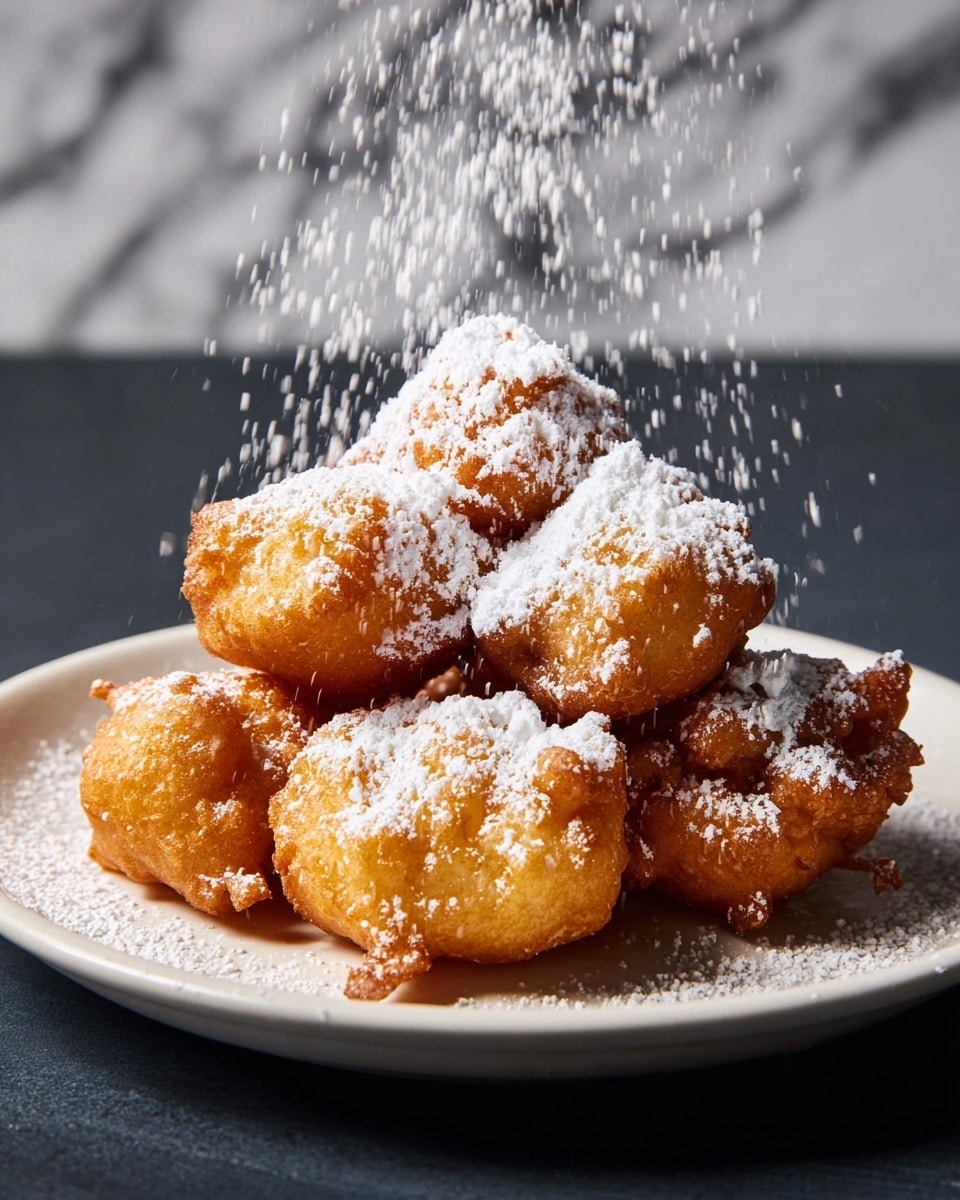 The image shows a close-up of a white round plate piled with five golden brown fritters that have a rough, crispy texture. Each fritter is irregularly shaped with bumps and crispy edges, and they are stacked in a small heap. White powdered sugar is being sifted over the fritters, covering their tops and parts of the plate beneath, with sugar falling mid-air visible around the pile. The plate sits on a dark surface with a white marbled texture in the background. The overall lighting highlights the fritters' crunchy texture and warm color. photo taken with an iphone --ar 4:5 --v 7