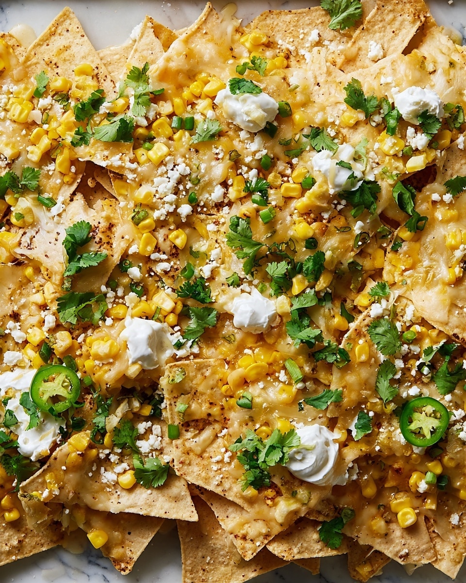 A close-up view of nachos showing one main layer of light beige crispy tortilla chips spread out unevenly. On top, melted pale yellow cheese melts softly across some chips, with bright yellow cooked corn kernels scattered all over. Small pieces of green jalapeño and chopped scallions add pops of green, along with fresh sprigs of dark green cilantro leaves. White dollops of creamy sour cream and a generous sprinkle of crumbly white cheese are spread across the dish. The background is a white marbled texture. Photo taken with an iphone --ar 4:5 --v 7