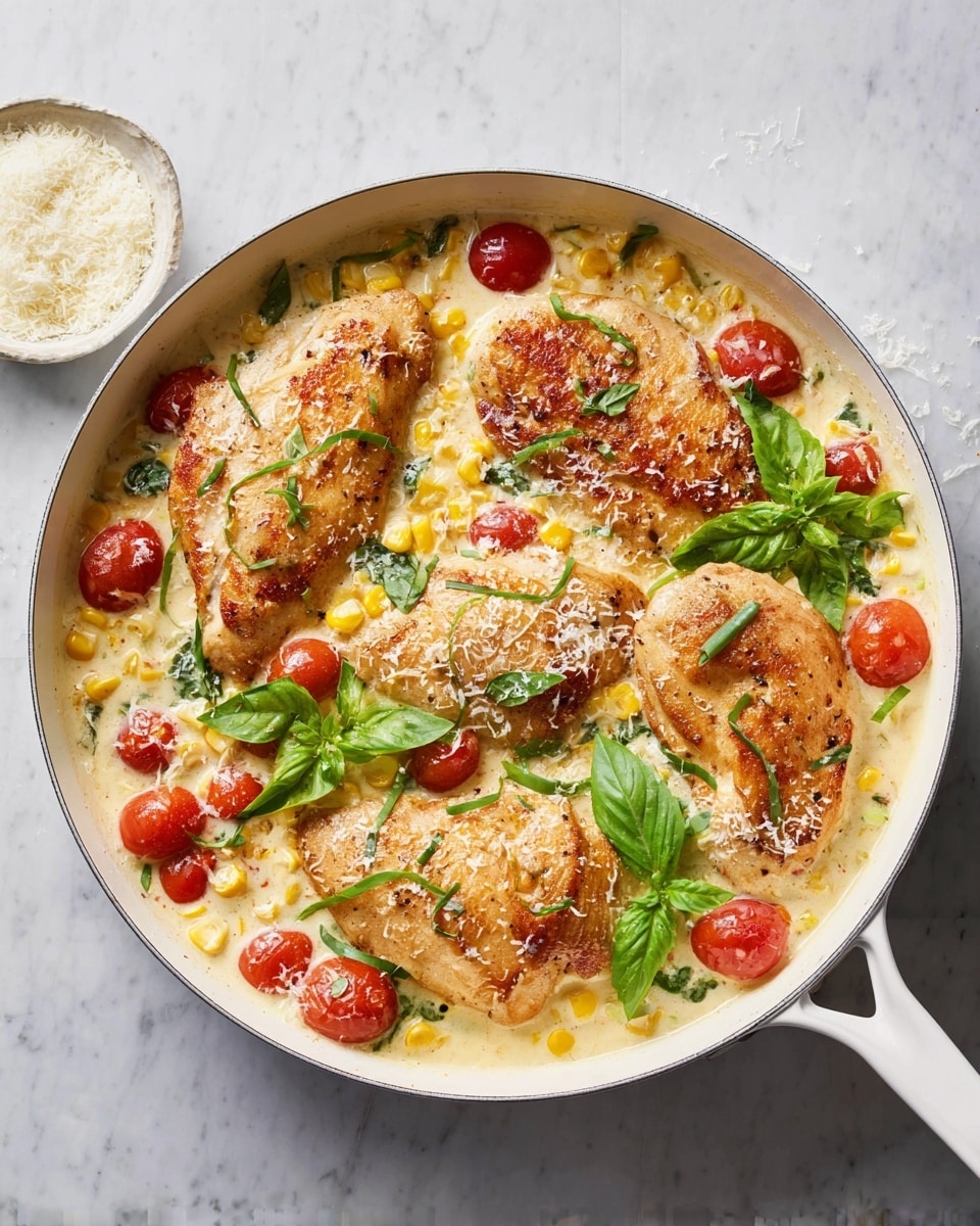 The image shows a white skillet filled with four golden-brown cooked chicken breasts placed on top of a creamy sauce. The creamy base has visible pieces of bright yellow corn and halved red cherry tomatoes nestled around the chicken. Fresh green basil leaves and thin green strips of basil are scattered across the top, adding a pop of color. Light sprinkles of grated parmesan cheese cover the chicken and sauce, enhancing the texture and visual appeal. The skillet is set on a white marbled surface with a small white bowl of extra grated cheese on the side. Photo taken with an iphone --ar 4:5 --v 7