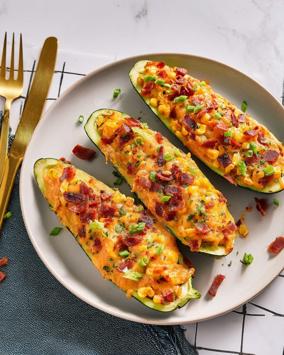 Three zucchini boats sit on a round white plate, each zucchini halved lengthwise with the green skin on the outside. The inside layers are filled with a creamy orange cheese mixture that includes visible chunks of yellow corn and red bell pepper. Crispy brown bacon pieces and thin slices of green onion are scattered on top, along with finely chopped fresh green herbs. The plate is on a white marbled surface with black grid lines. A gold-colored fork and knife lie nearby. photo taken with an iphone --ar 4:5 --v 7
