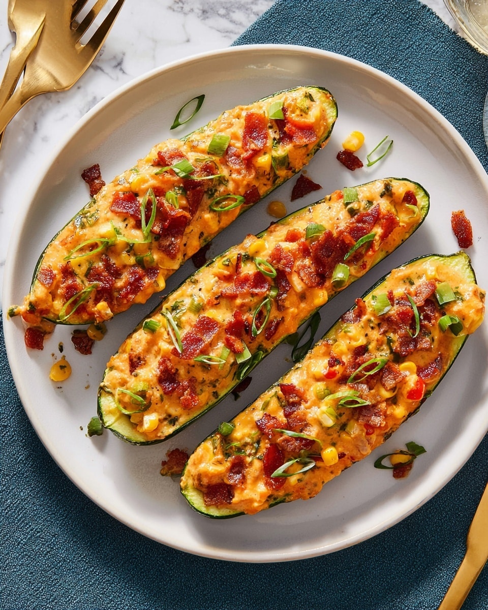 Three zucchini boats sit on a white plate, each halved zucchini filled with a creamy orange mixture that contains small pieces of yellow corn, green scallions, and red tomato chunks. Crispy reddish-brown bacon bits are sprinkled evenly on top, along with thin strips of fresh green herbs scattered over the surface. The zucchini skins are dark green and slightly roasted around the edges. The plate rests on a white marbled surface with parts of gold and silver forks visible nearby. photo taken with an iphone --ar 4:5 --v 7