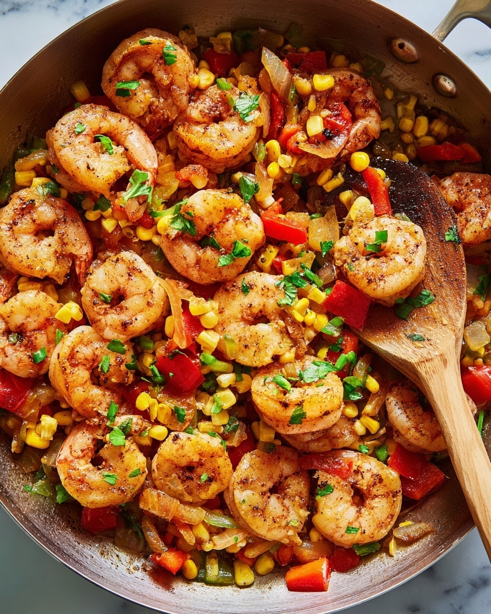 The image shows a close-up of a pan filled with cooked shrimp and mixed vegetables. The shrimp are pink and slightly charred, spread across the pan in different sizes. Among the shrimp are bright yellow corn kernels, small pieces of red bell peppers, and translucent cooked onion bits. Small chopped green herbs are scattered on top, adding a touch of freshness. A wooden spoon rests in the pan, partially covered by the shrimp and vegetables. The pan sits on a white marbled surface. photo taken with an iphone --ar 4:5 --v 7