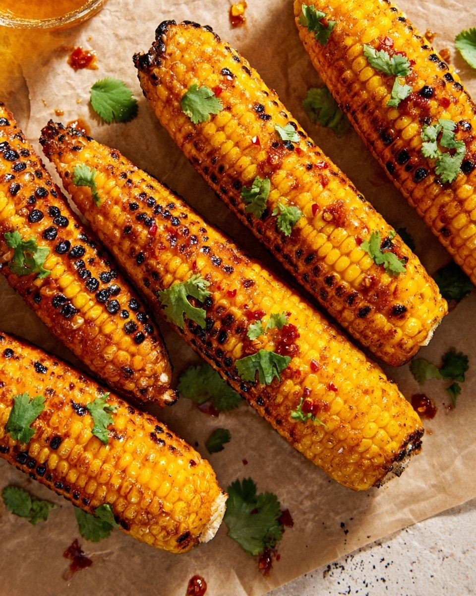 Several grilled corn cobs are placed on a surface with white marbled texture underneath light brown parchment paper. Each cob shows a deep golden yellow color with dark char marks and grill spots across the kernels, creating a textured look. The corn is coated with an orange-red glaze that appears shiny and slightly sticky, with small red chili flakes visible. Fresh, bright green cilantro leaves are scattered over the top of the corn and around it, adding a dash of color contrast. The corn cobs are arranged close together, filling the frame with a warm, appetizing feel. photo taken with an iphone --ar 4:5 --v 7