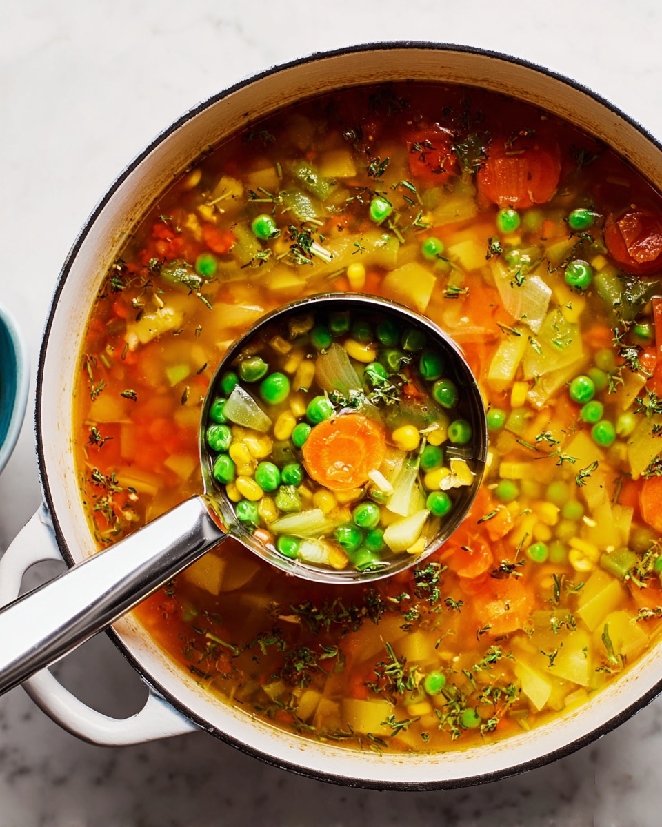 A close-up view of a vegetable soup in a white pot filled with a colorful mix of ingredients in a rich, clear broth. The soup has layers of bright green peas and green beans, yellow corn kernels, orange carrot slices, translucent onion slices, and small chunks of light yellow potato, all floating in a herb-speckled broth with tiny green leaves scattered throughout. A large metal ladle is scooping up some soup near the center, showing the layers of vegetables clearly against the shiny silver ladle. The whole scene is set on a white marbled surface. photo taken with an iphone --ar 4:5 --v 7