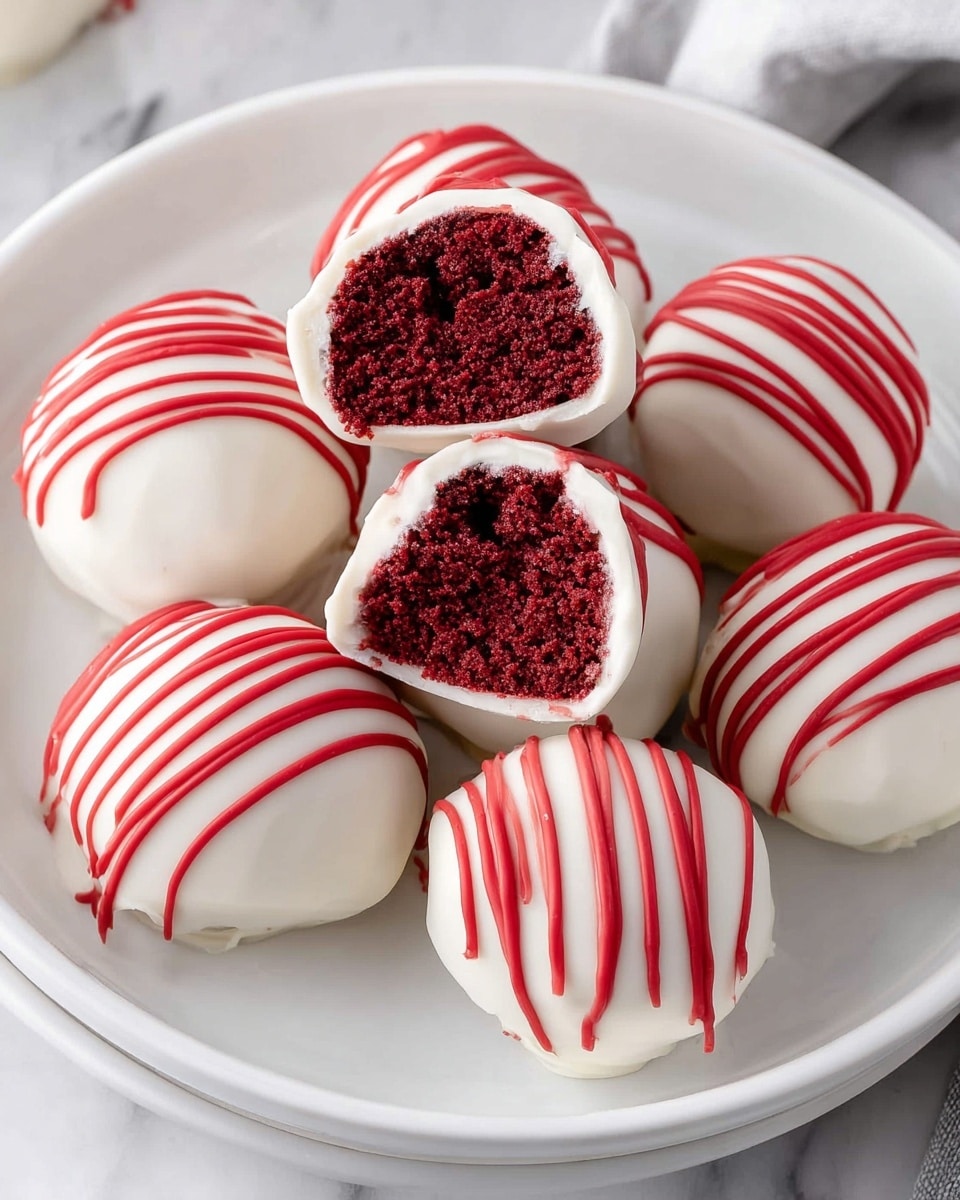 A white plate holds eight round cake balls coated in smooth white chocolate, each decorated with bright red icing drizzles that curve across the top and sides. Two of the cake balls are cut open, revealing a moist, rich dark red cake inside, showing a dense but soft texture. The white coating looks glossy and clean, contrasting with the deep red cake and the vibrant red drizzle. The plate sits on a white marbled surface. photo taken with an iphone --ar 4:5 --v 7