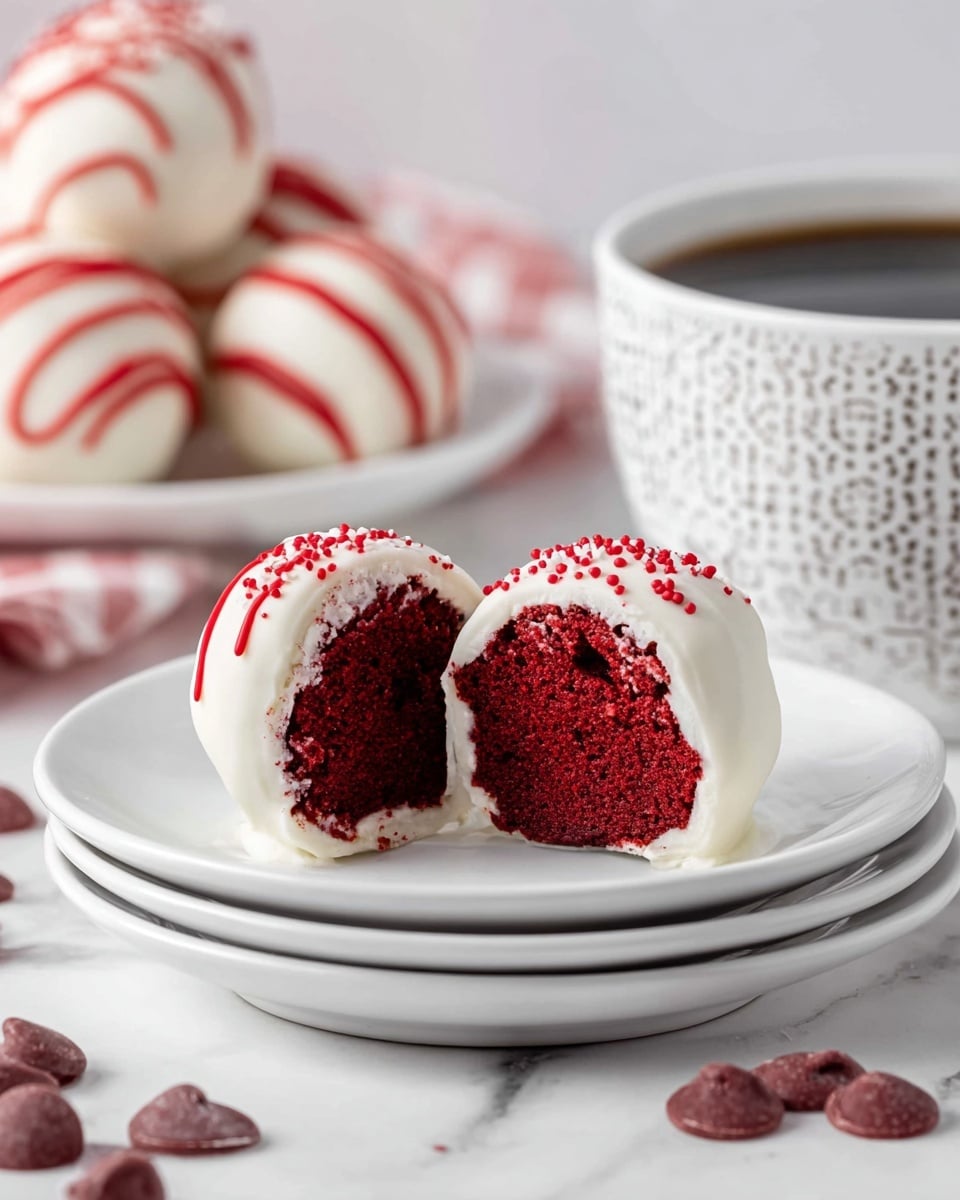 The image shows a close-up of red velvet cake balls with white chocolate coating and red drizzle on top, placed on a stack of two white plates. One cake ball is cut in half in the front, revealing a dense, rich red interior and a smooth white outer layer with small red sprinkles on top. In the background, there are more coated cake balls slightly out of focus and a patterned white cup of black coffee on a white marbled surface. Several red chocolate chips are scattered on the surface near the plates. photo taken with an iphone --ar 4:5 --v 7