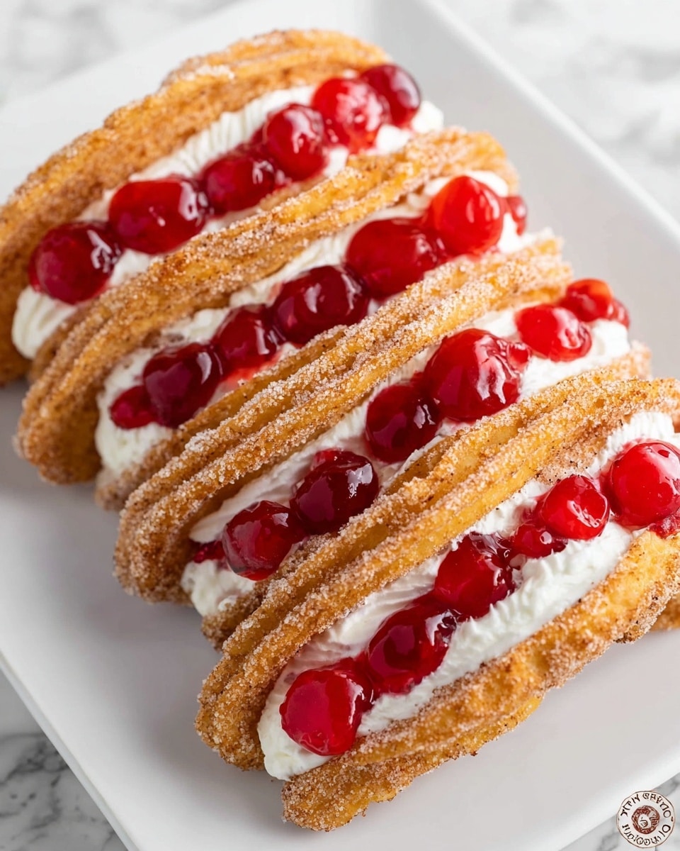 Five churro taco shells coated with cinnamon sugar are arranged in a row on a white plate, each filled with a layer of white cream and topped with glossy red cherry pie filling that spills slightly over the edges. The churro shells show a golden brown color with a rough texture from the sugar coating. The white cream forms a smooth and fluffy middle layer beneath the bright, jelly-like cherries that glisten under the light. The scene is set on a white marbled surface. Photo taken with an iphone --ar 4:5 --v 7