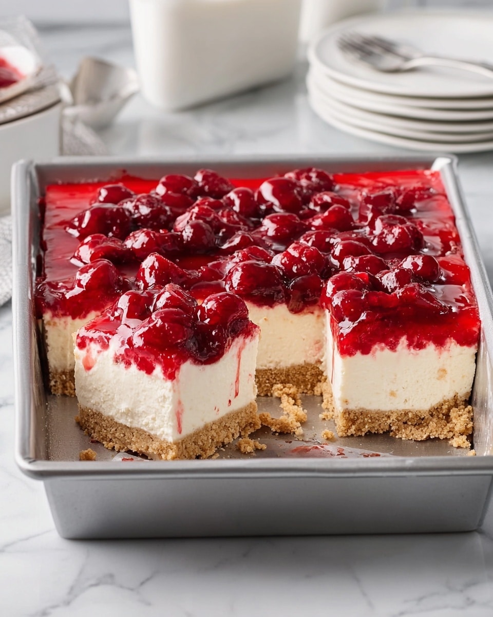 The image shows a square dessert in a metal pan with three layers clearly visible: the bottom layer is a crumbly, light brown crust; the middle layer is a thick, smooth, creamy white cheesecake; and the top layer is a glossy, bright red cherry topping with whole cherries in a thick syrup. One piece of the dessert is partially cut and slightly lifted, showing the clean separation of the layers. The pan is set on a white marbled surface, and in the background, there are white plates and a white bowl. Photo taken with an iphone --ar 4:5 --v 7