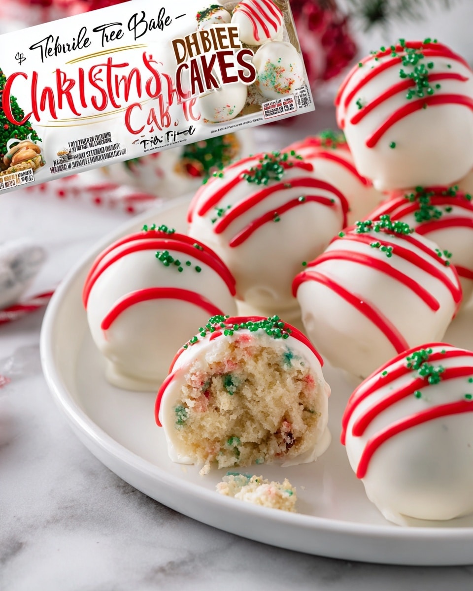 The image shows several round cake balls covered in smooth white coating with red icing drizzled in curved lines on top, sprinkled with small green sugar crystals. One cake ball is cut open, revealing a soft, crumbly interior with visible bits of green and red, indicating festive sprinkles. These cake balls are placed on a white plate, sitting on a white marbled surface. There is also a box of Christmas Tree Cakes with red, green, and white holiday-themed packaging in the background. The overall look is festive and colorful, fitting a holiday theme. Photo taken with an iphone --ar 4:5 --v 7