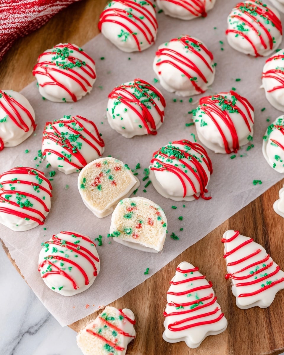 A collection of small round white-coated treats laid out on a piece of parchment paper over a wooden board. Each round treat has a smooth white outer layer decorated with curved red icing lines drizzled on top, plus green sugar sprinkles scattered across. One treat is cut in half, showing a light beige inside filled with tiny colorful bits. On the right side, a few tree-shaped treats are white coated with wavy red icing lines and green sprinkles. The background surface is replaced with a white marbled texture. photo taken with an iphone --ar 4:5 --v 7