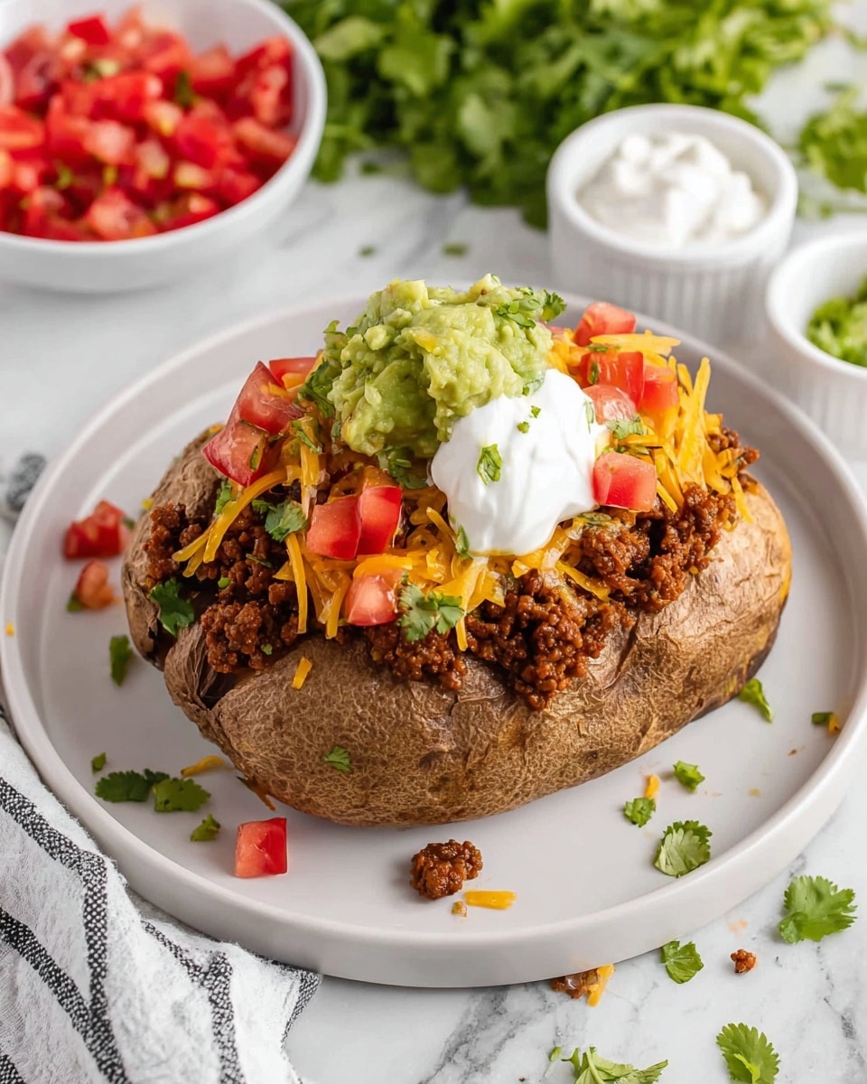 A fully loaded baked potato sits on a white plate on a white marbled surface. The potato skin is brown and crispy, split open with soft white potato inside. The first layer on the potato is seasoned ground meat with a rich brown color and crumbly texture, piled generously. On top of the meat is a layer of shredded bright orange cheddar cheese. Next, small red tomato chunks are scattered over the cheese, adding vibrant color. Dollops of smooth white sour cream and light green chunky guacamole sit on top, garnished with small green cilantro pieces. Around the plate, some food bits and fresh cilantro leaves are scattered, with small white bowls containing chopped tomatoes and sour cream visible nearby. photo taken with an iphone --ar 4:5 --v 7