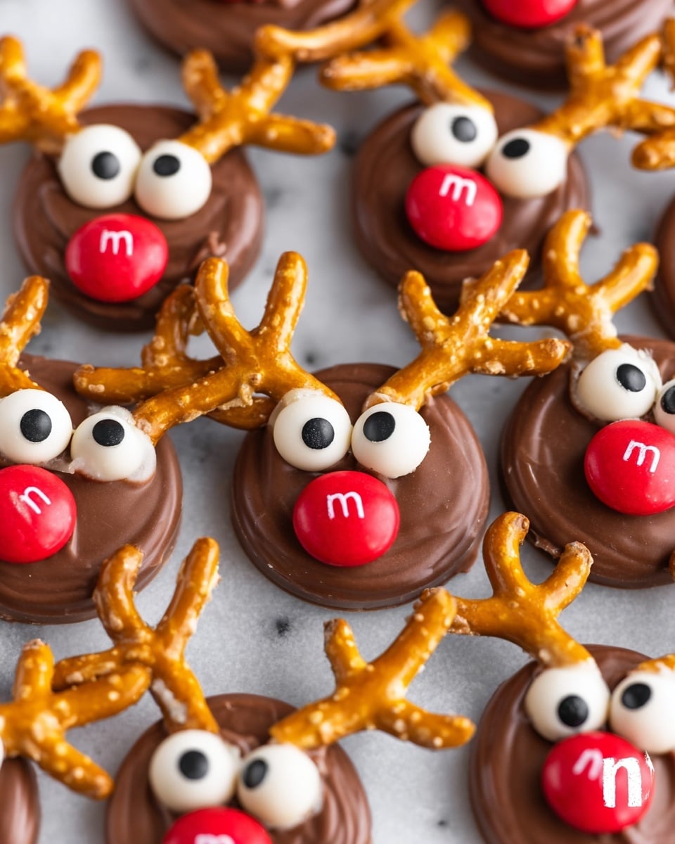 The image shows many small reindeer-shaped treats made by layering three main parts. The base layer is a round milk chocolate disk with a smooth, slightly shiny texture. On top of each disk, two white candy eyes with black centers are placed near the upper center. Just below the eyes, a bright red candy with a white 