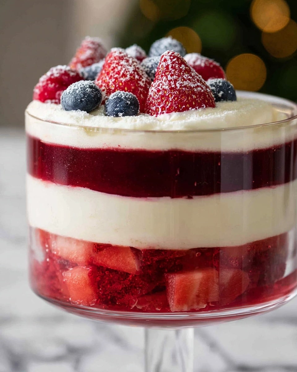 A close-up of a layered dessert in a clear glass bowl showing four distinct layers. The bottom layer is made of red fruit pieces with a soft, slightly uneven texture, followed by a smooth, creamy white layer. Above that, there is a thick, dark red jelly-like layer with some red fruit pieces inside. The top layer is a fluffy white cream topped with fresh red raspberries, strawberries, and blueberries with a light dusting of powdered sugar. The bowl is placed on a surface with a white marbled texture. Photo taken with an iphone --ar 4:5 --v 7