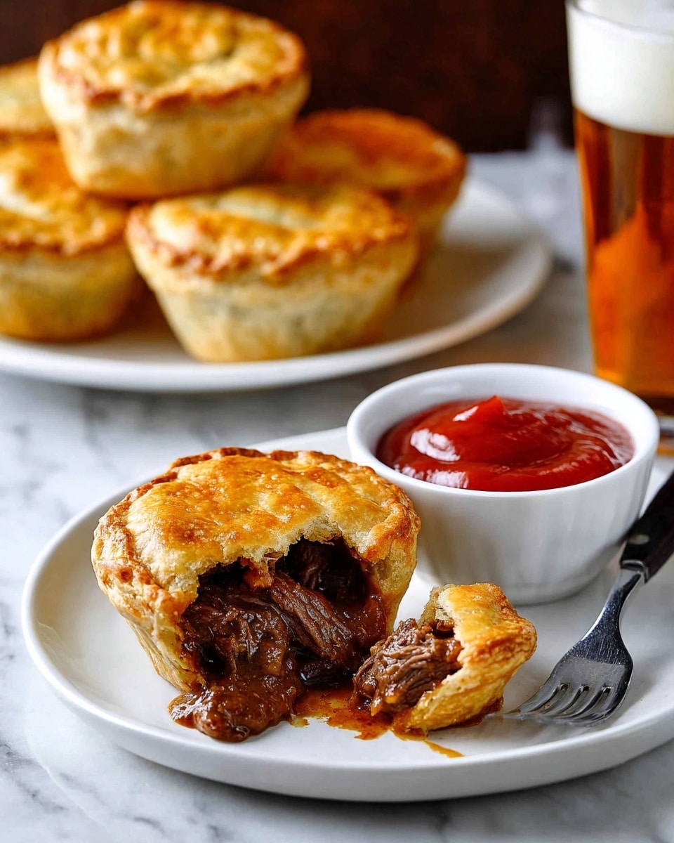A white plate holds a small round meat pie with a golden brown, flaky top crust that is partially broken open to reveal tender, dark brown chunks of stewed meat in rich sauce spilling out. Behind the plate is a white bowl filled with smooth, thick red ketchup. In the background, a white plate stacked with several more similar golden pies sits on a white marbled surface, next to a tall glass of amber beer topped with white foam. A fork with a black handle rests on the plate next to the pie. Photo taken with an iphone --ar 4:5 --v 7